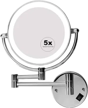 Makeup Mirror LED Lighted 5X Magnifying Cosmetic Mirror Double Sided Swivel for Bathroom Hotels, USB Rechargeable Mirror
