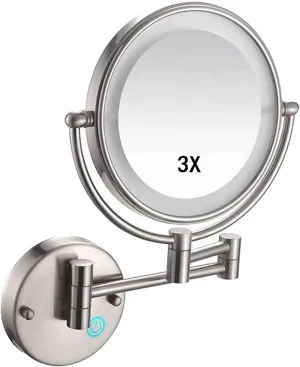 Makeup Mirror Wall Mounted, Cosmetic Mirror with Lights and Magnification 3X, Bathroom Mirror 8inch Round Make Up Mirror 360 Rotation, for Bathroom Hotels USB Rechargeable