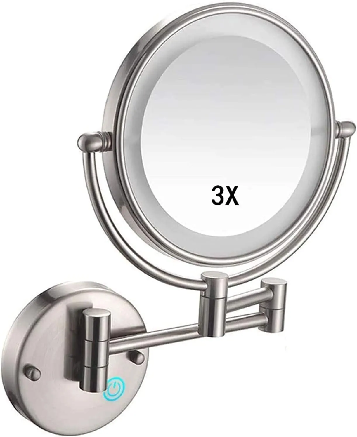 Makeup Mirror Wall Mounted, Cosmetic Mirror with Lights and Magnification 3X, Bathroom Mirror 8inch Round Make Up Mirror 360 Rotation, for Bathroom Hotels USB Rechargeable