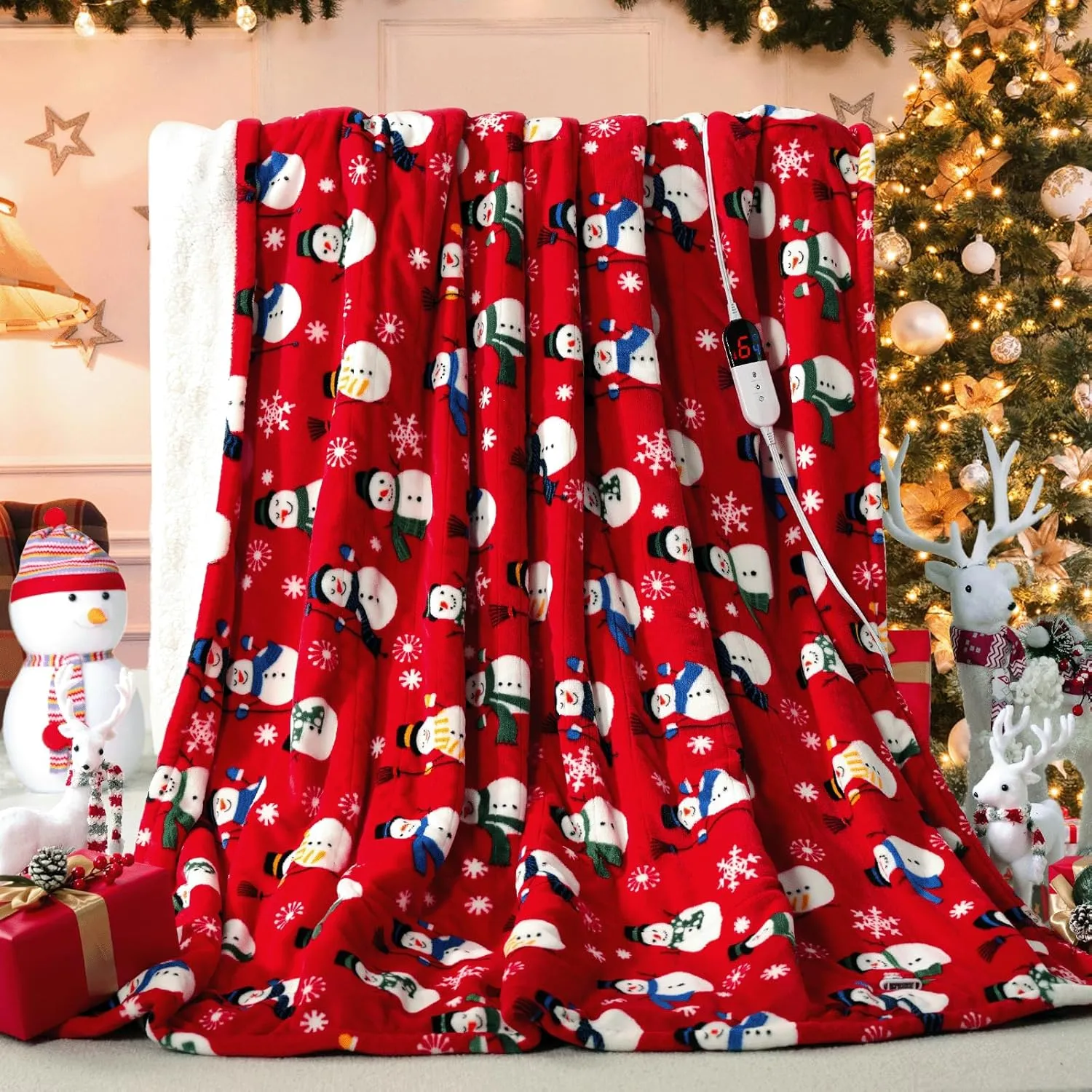 MAXEVE Christmas Electric Blanket Heated Throw Blanket - 50"x60" Heating Throw Blanket for Couch Sofa Bed, 6 Heat Levels & 4-Hour Auto-Off, Machine Washable, FCC & ETL, Red Snowman