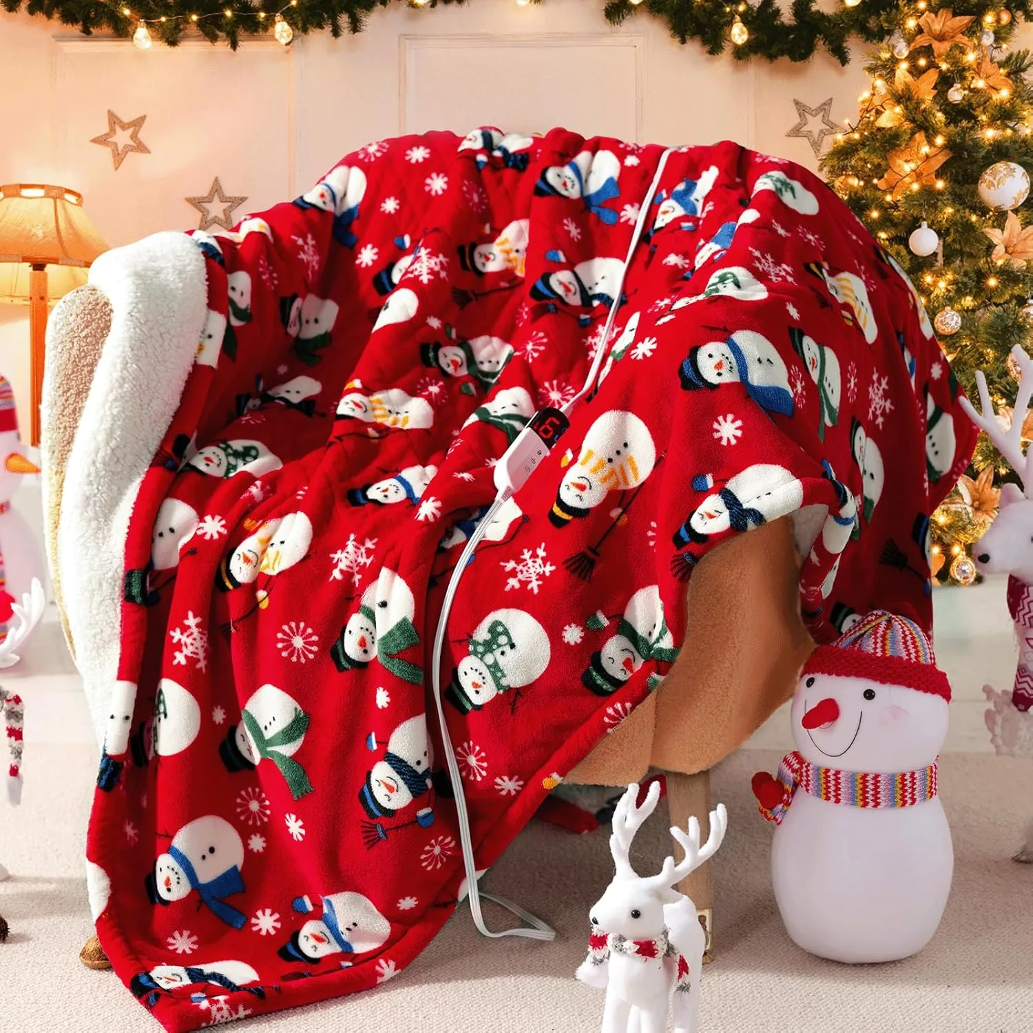 MAXEVE Christmas Electric Blanket Heated Throw Blanket - 50"x60" Heating Throw Blanket for Couch Sofa Bed, 6 Heat Levels & 4-Hour Auto-Off, Machine Washable, FCC & ETL, Red Snowman