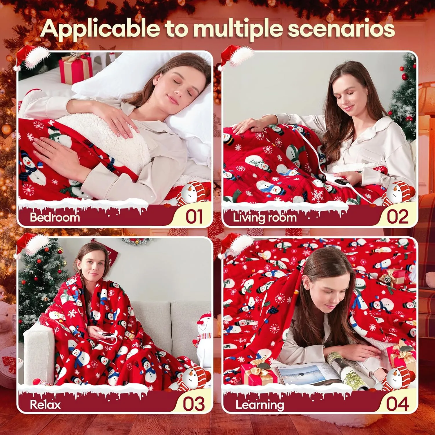 MAXEVE Christmas Electric Blanket Heated Throw Blanket - 50"x60" Heating Throw Blanket for Couch Sofa Bed, 6 Heat Levels & 4-Hour Auto-Off, Machine Washable, FCC & ETL, Red Snowman
