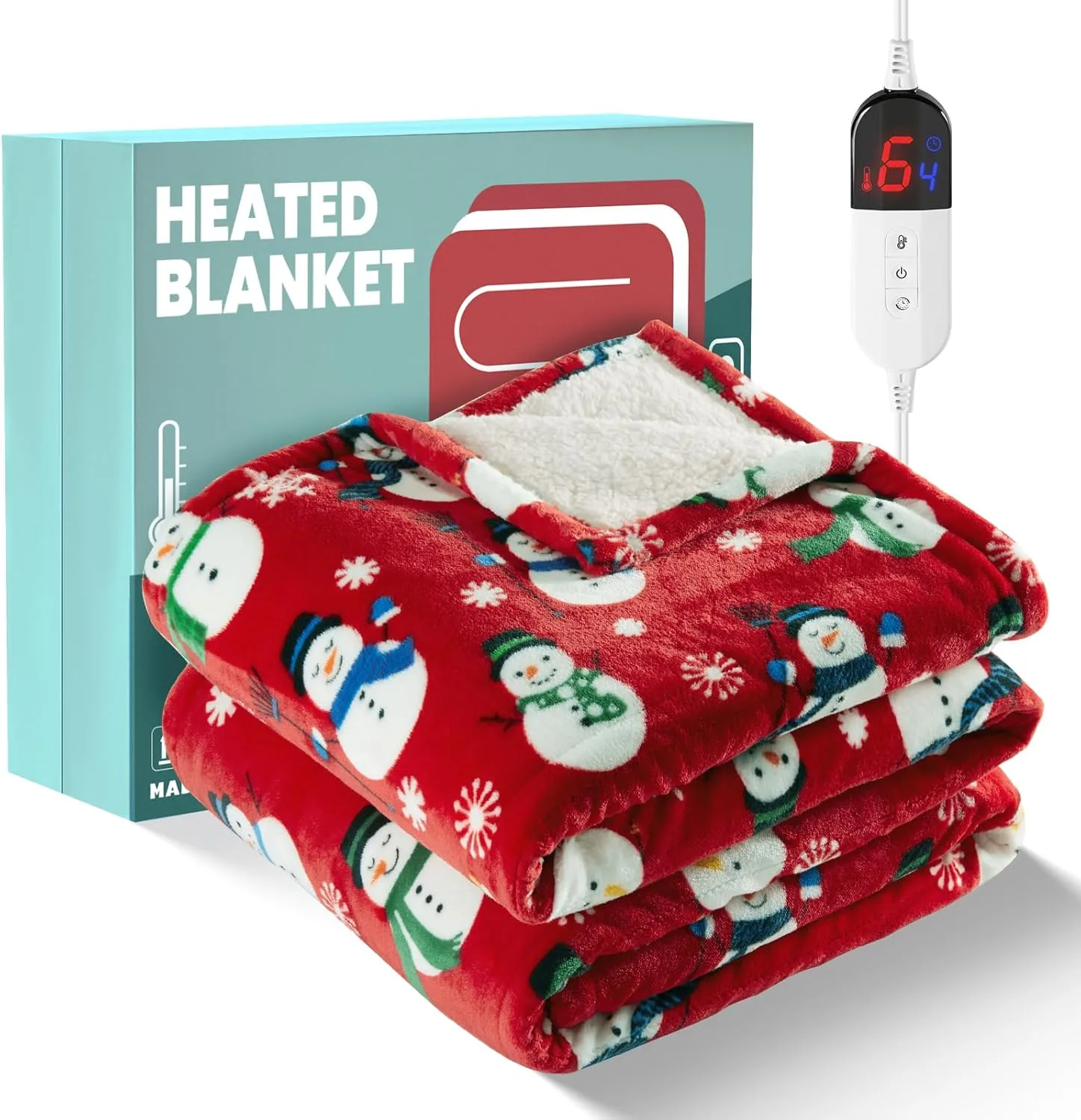MAXEVE Christmas Electric Blanket Heated Throw Blanket - 50"x60" Heating Throw Blanket for Couch Sofa Bed, 6 Heat Levels & 4-Hour Auto-Off, Machine Washable, FCC & ETL, Red Snowman