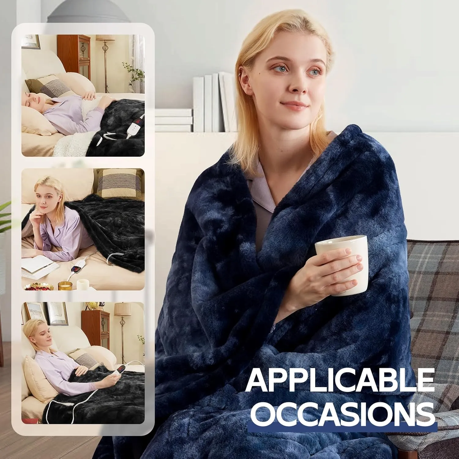 MAXEVE Electric Heated Throw Faux Rabbit Fur Blanket with 6 Heating Levels & 4 Hours Auto Off, Fast Heating Warm Cozy Sherpa Washable Blanket with Over-Heat Protection, ETL Certification, Blue