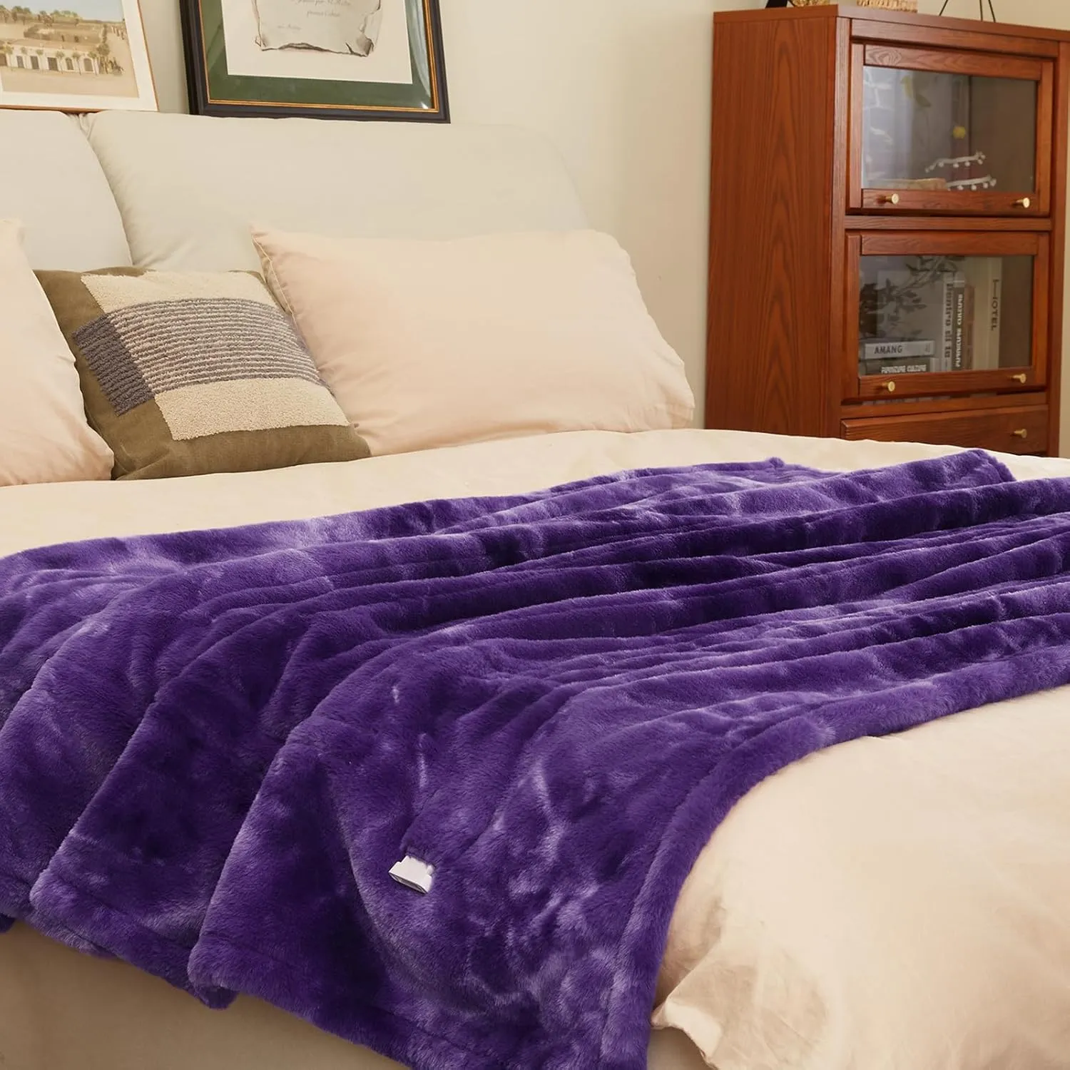 MAXEVE Electric Heated Throw Rabbit Faux Fur Blanket with 6 Heating Levels & 4H Auto Off, Fast Heating Warm Cozy Sherpa Washable Electric Blanket with Over-Heat Protection, ETL Certification, Purple