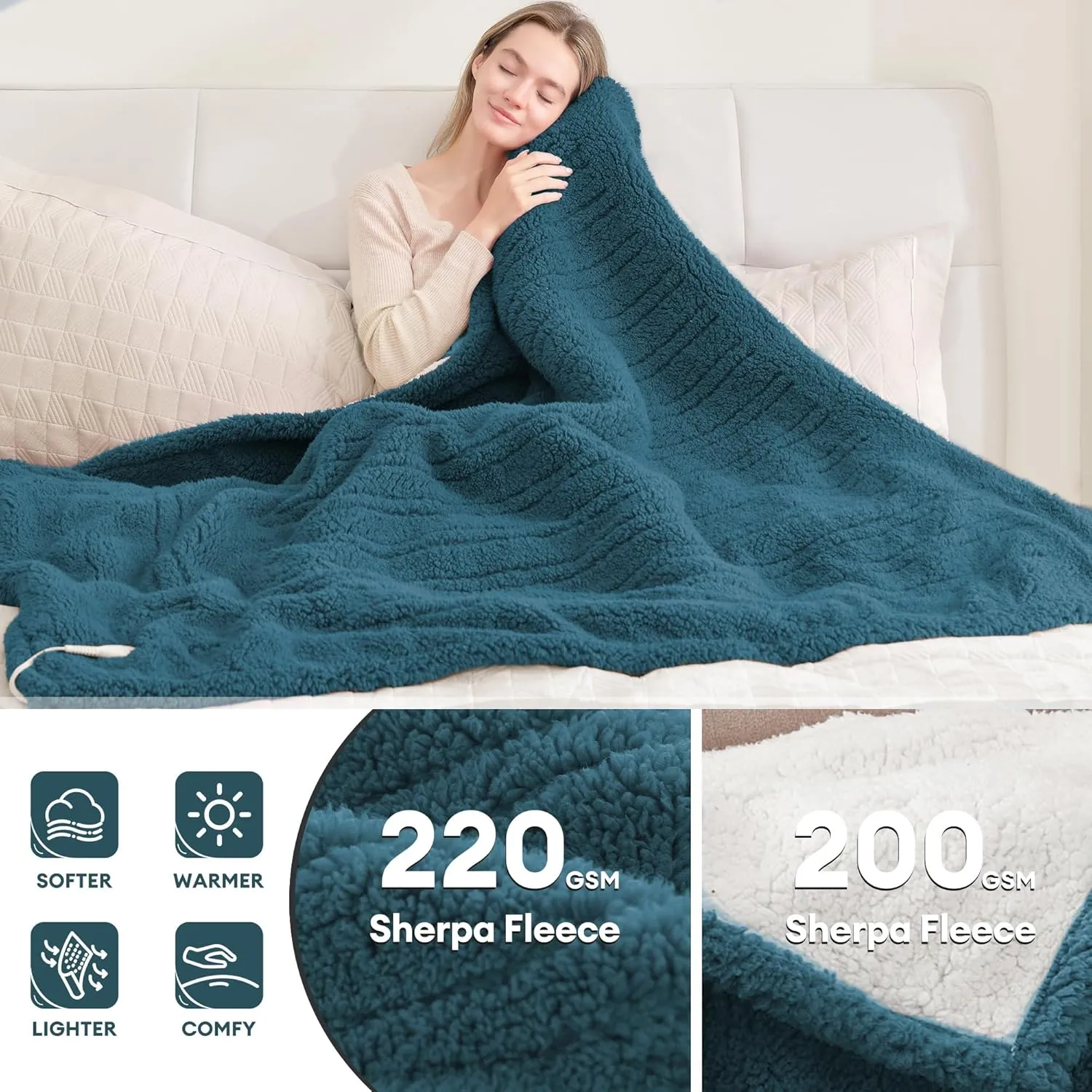 MAXEVE Heated Blanket Electric Throw 50"x60" Soft Double Sided Sherpa Heating Blanket with 8 Fast Heating Levels & 1-8H Auto-Off,Over-Heat Protection,Machine Washable,ETL Certification, Dusty Blue