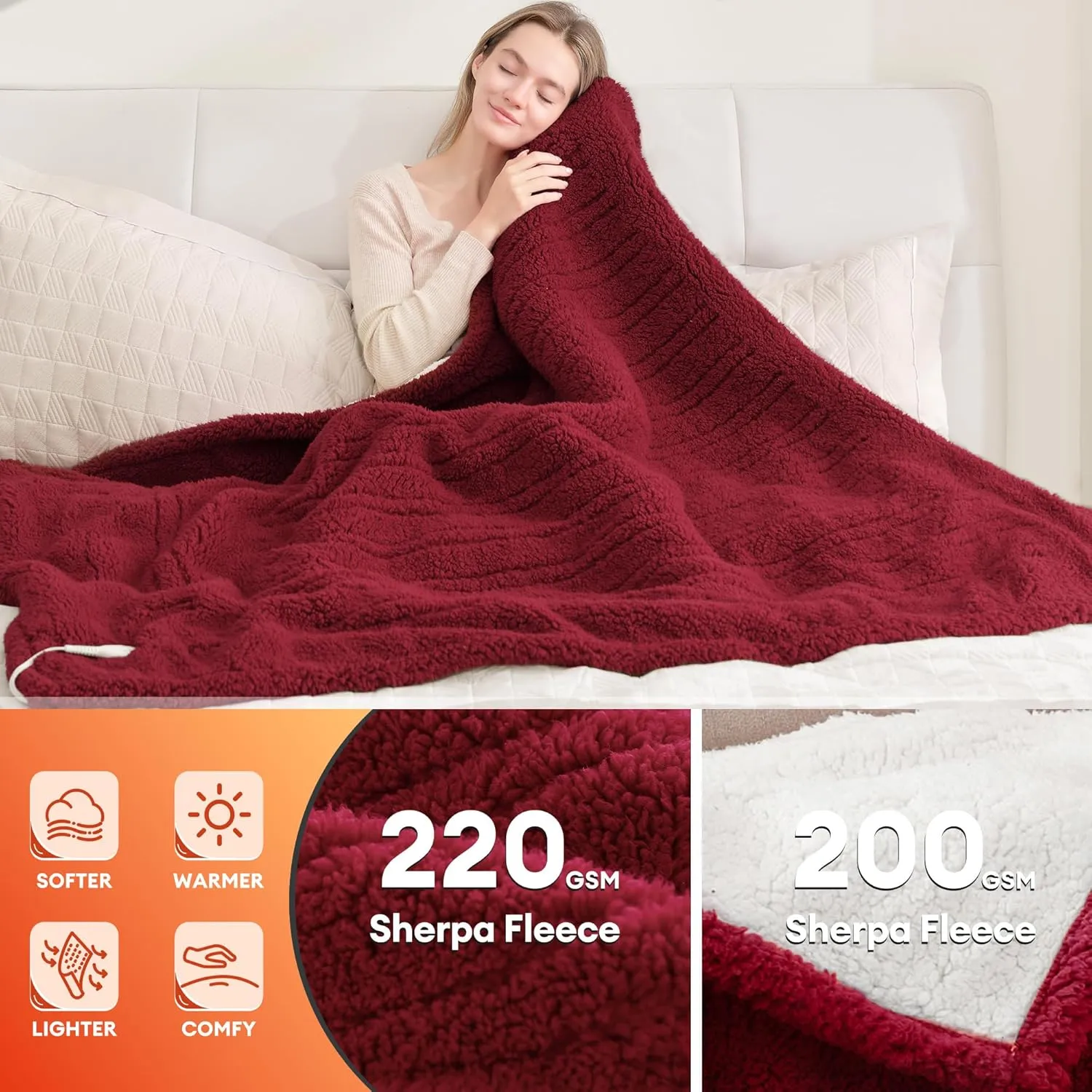 MAXEVE Heated Blanket Electric Throw 50"x60" Soft Double Sided Sherpa Heating Blanket with 8 Fast Heating Levels & 1-8H Auto-Off,Over-Heat Protection,Machine Washable,ETL Certification,Christmas Red