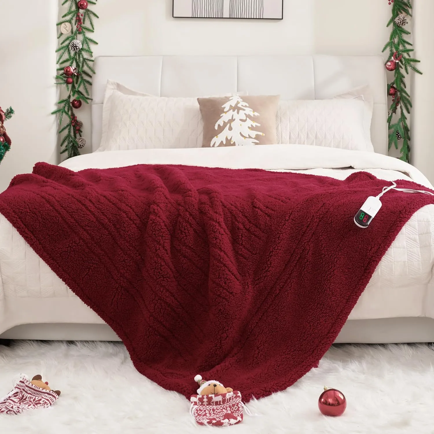 MAXEVE Heated Blanket Electric Throw 50"x60" Soft Double Sided Sherpa Heating Blanket with 8 Fast Heating Levels & 1-8H Auto-Off,Over-Heat Protection,Machine Washable,ETL Certification,Christmas Red