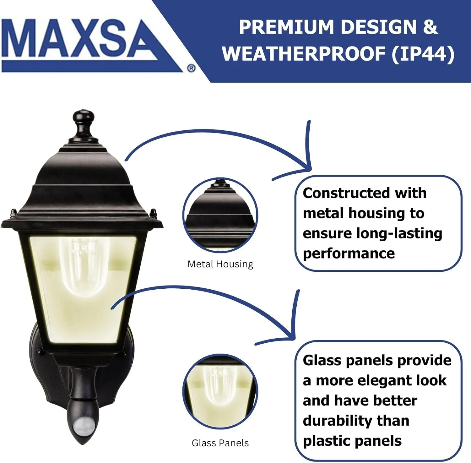 Maxsa 43319 Premium Battery-Powered Motion-Activated Decorative Outdoor Warm White LED Wall Sconce Lighting Fixture, Metal Housing, Black