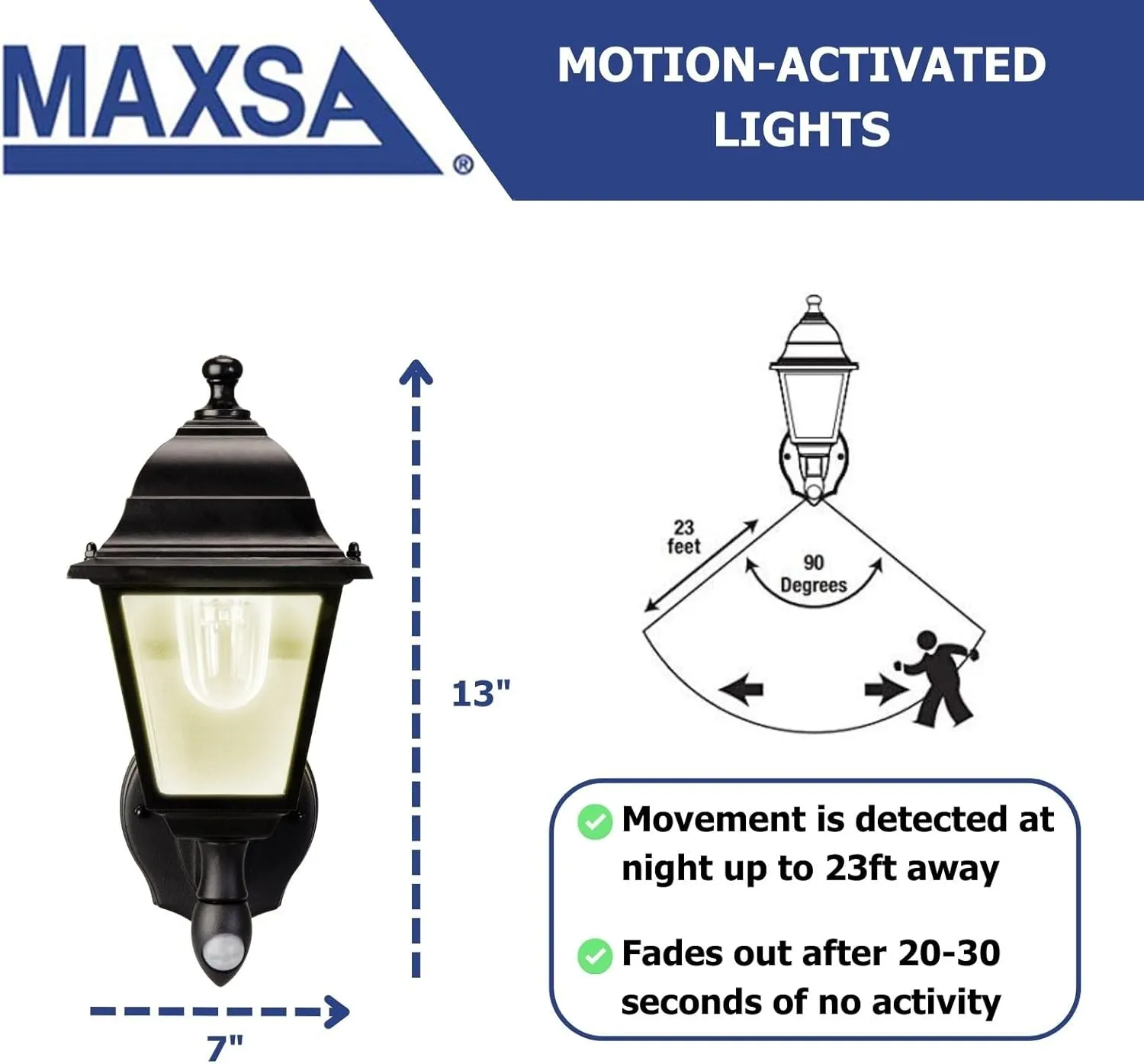 Maxsa 43319 Premium Battery-Powered Motion-Activated Decorative Outdoor Warm White LED Wall Sconce Lighting Fixture, Metal Housing, Black