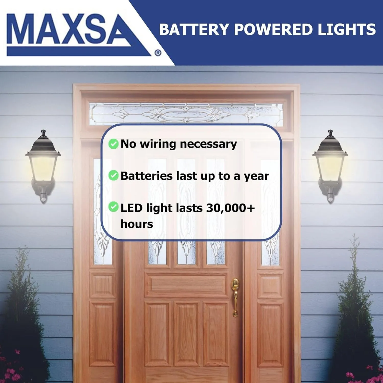 Maxsa 43319 Premium Battery-Powered Motion-Activated Decorative Outdoor Warm White LED Wall Sconce Lighting Fixture, Metal Housing, Black