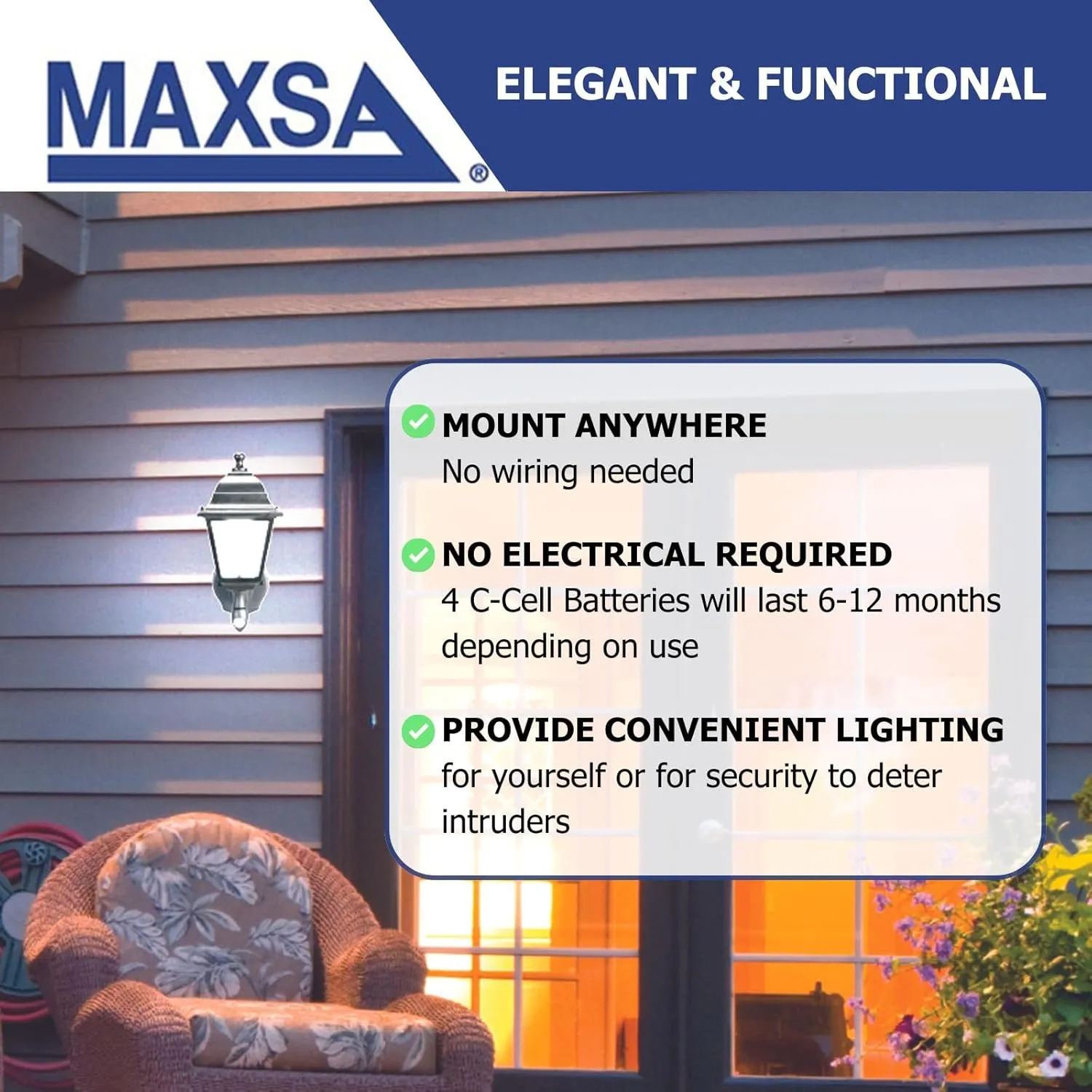 Maxsa 43319 Premium Battery-Powered Motion-Activated Decorative Outdoor Warm White LED Wall Sconce Lighting Fixture, Metal Housing, Black
