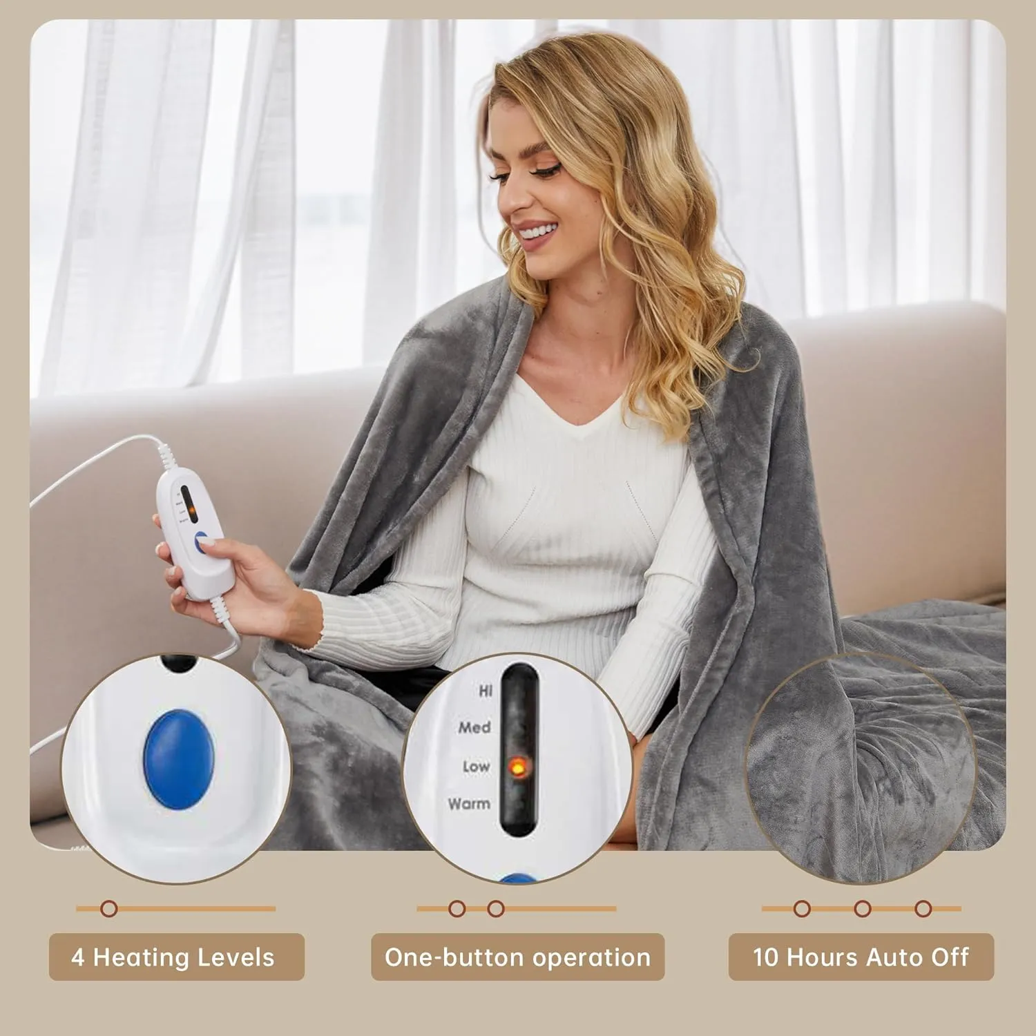 McJaw Electric Heated Blanket 72"x 84" Full Size, 4 Heating Levels and 10 Hours Auto Off, Lightweight and Breathable - Ivory Gray