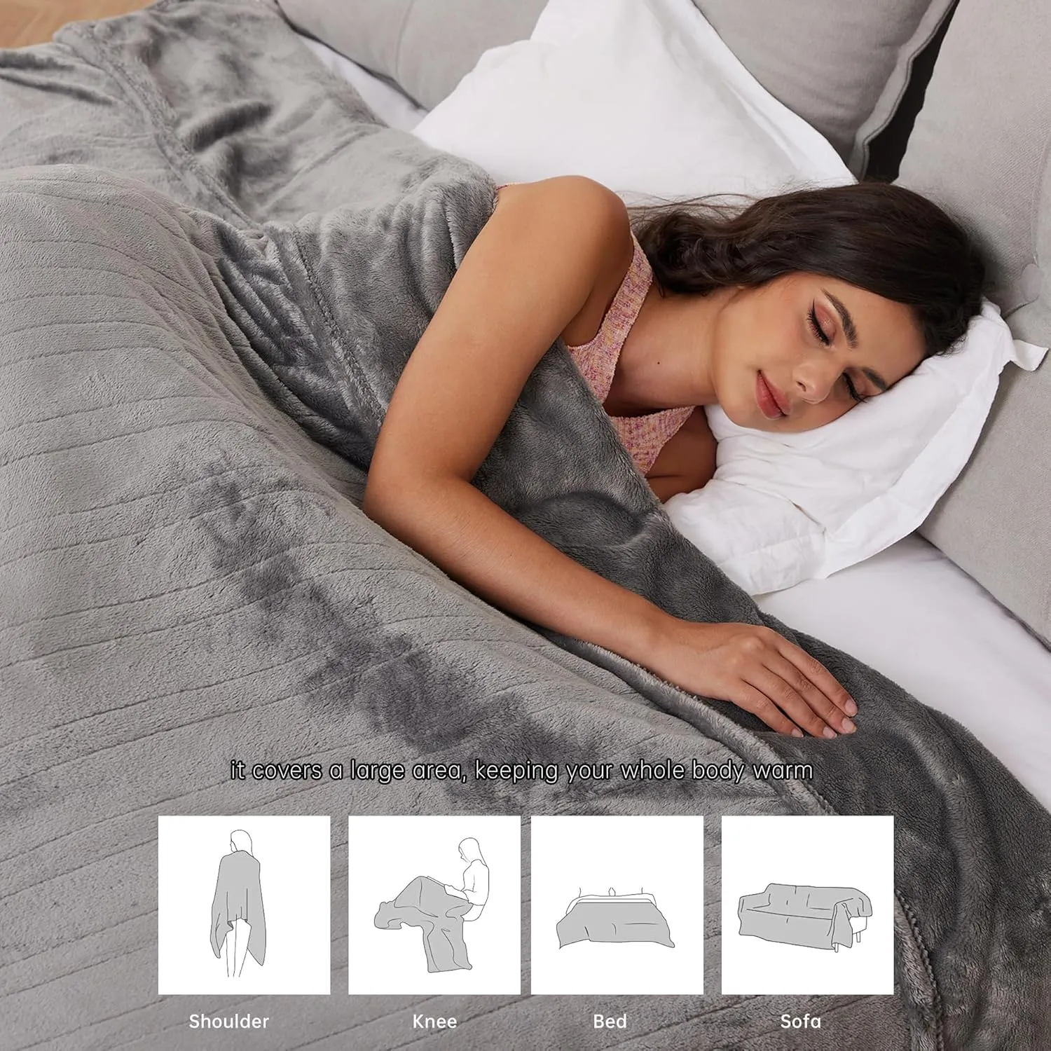McJaw Electric Heated Blanket Full Size - 72''x84'', Super Soft Double-Sided Flannel, 10 Hrs Auto Shut Off, 4 Heating Levels, Machine Washable, Grey