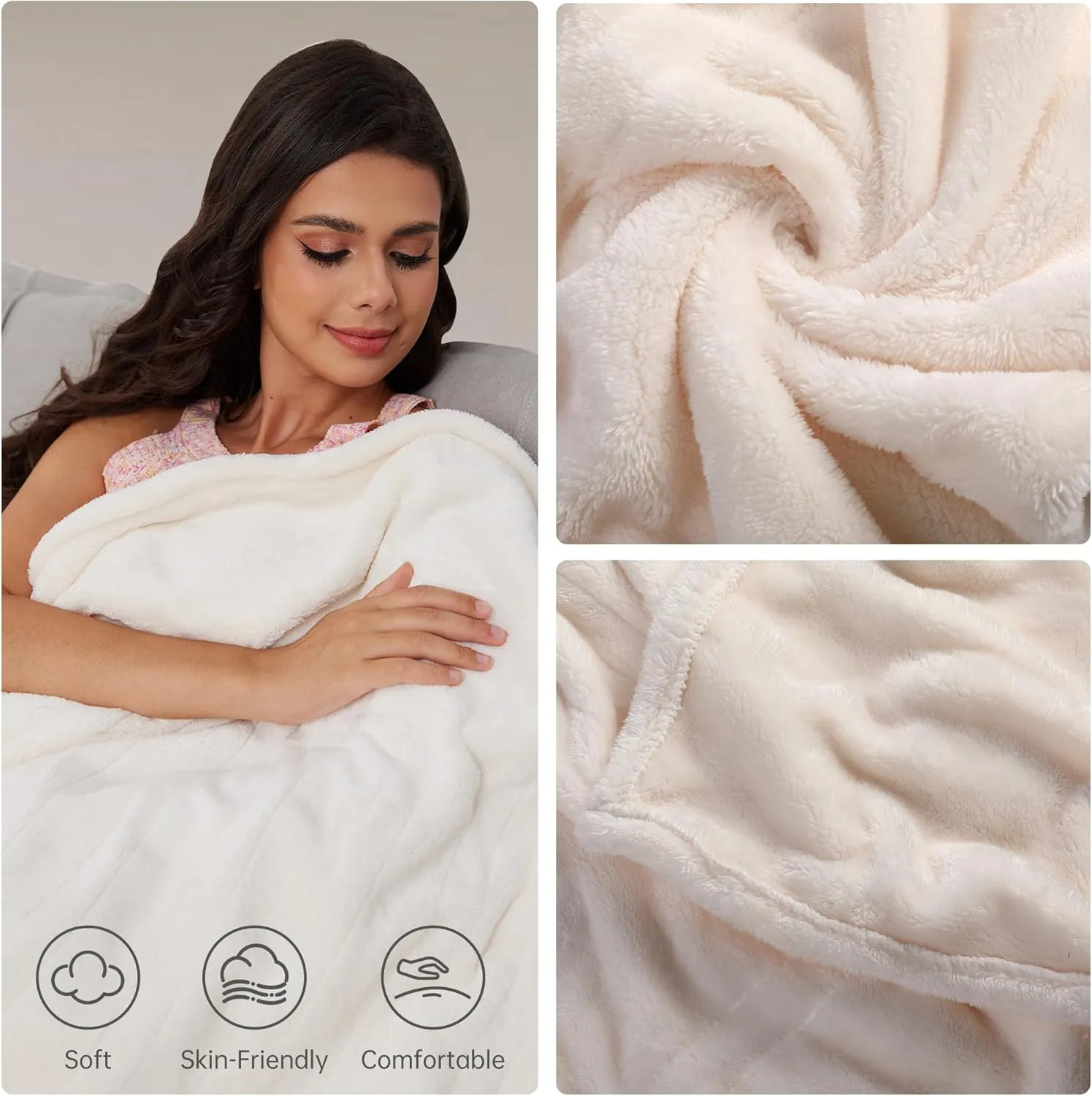 McJaw Electric Heated Blanket Queen Size 84''x90'', Oversized Flannel Blanket with 4 Heating Levels, 10 Hrs Auto Shut Off, Dual Controller, Machine Washable, Beige