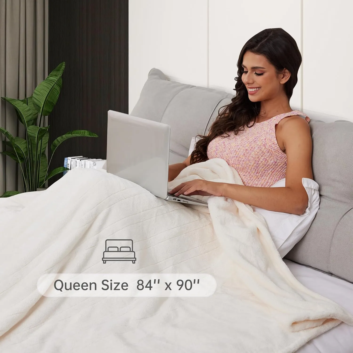 McJaw Electric Heated Blanket Queen Size 84''x90'', Oversized Flannel Blanket with 4 Heating Levels, 10 Hrs Auto Shut Off, Dual Controller, Machine Washable, Beige