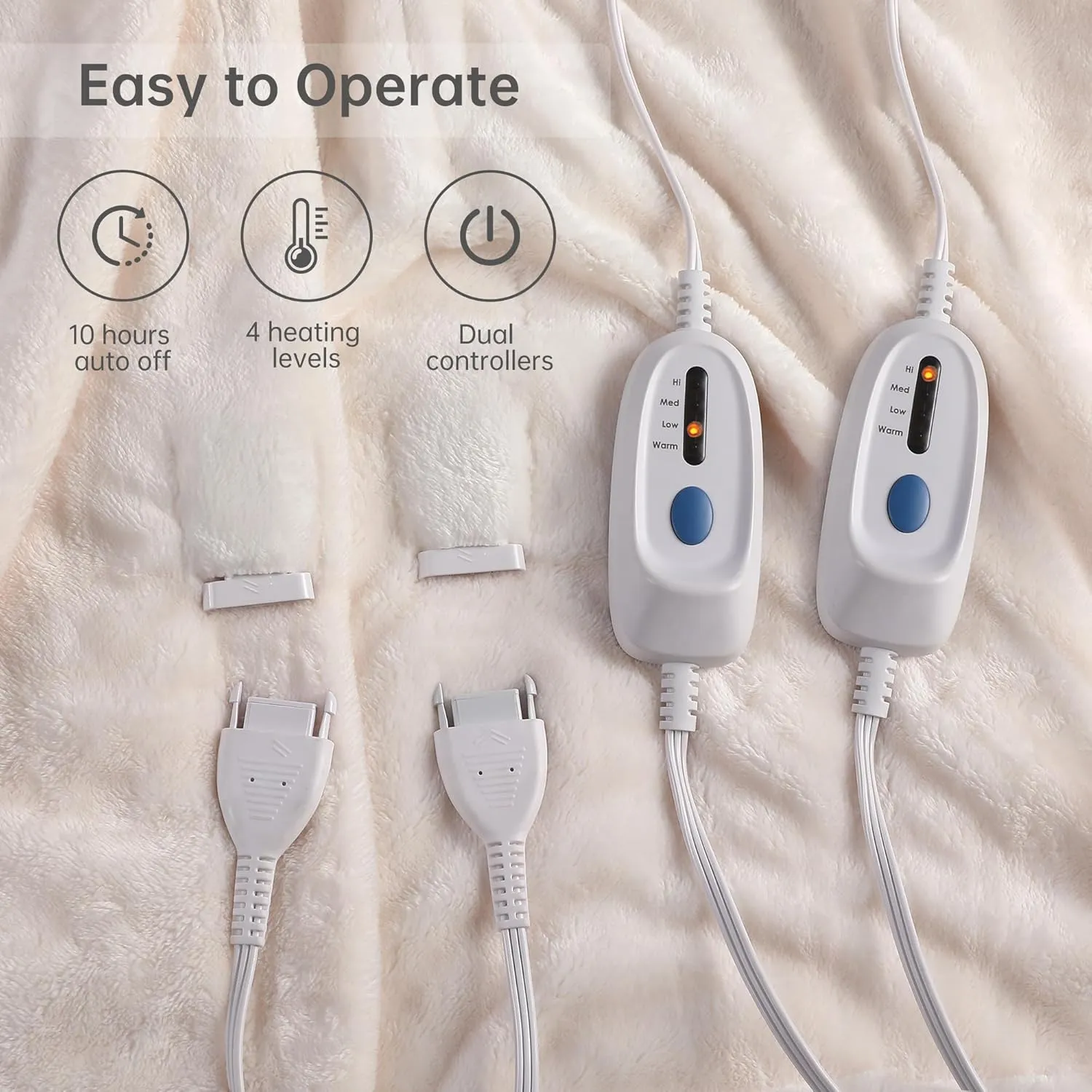 McJaw Electric Heated Blanket Queen Size 84''x90'', Oversized Flannel Blanket with 4 Heating Levels, 10 Hrs Auto Shut Off, Dual Controller, Machine Washable, Beige