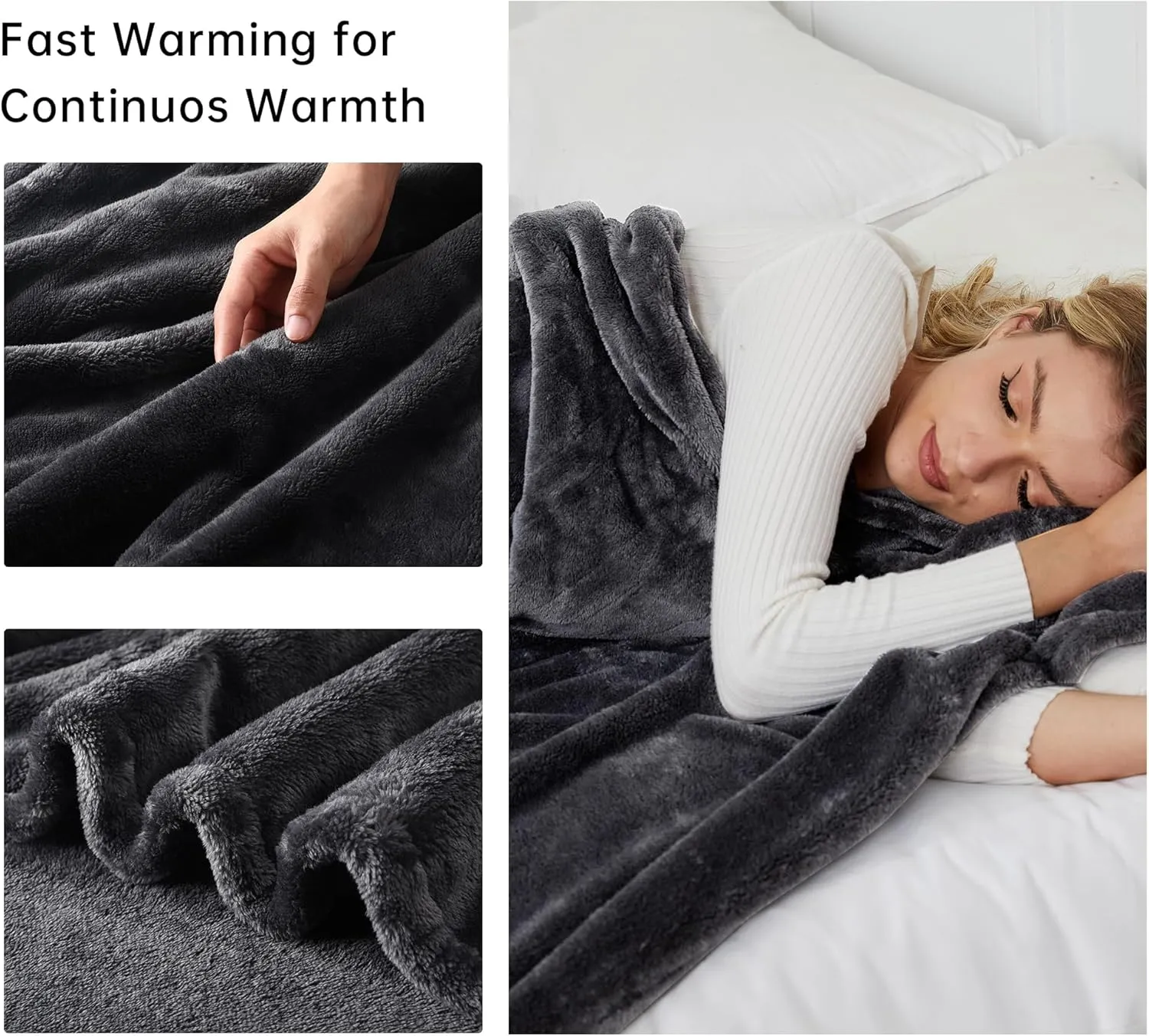 McJaw Heated Electric Blanket Soft Plush Flannel Full Size 72" x 84", Fast Heat, Machine Washable, Warm and Comfortable, 4 Heating Settings & 10 Hours Auto Shut-Off, Dark Grey