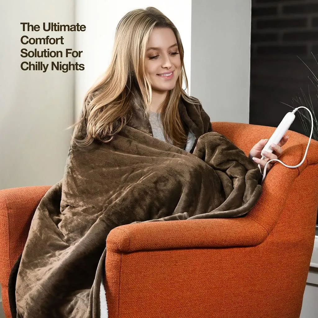 Medical king Heated Blanket, Machine Washable Extremely Soft & Comfortable Electric Blanket Throw Fast Heating with Hand Controller 10 Heating Settings & auto Shut-Off (Brown, 50 x 60)