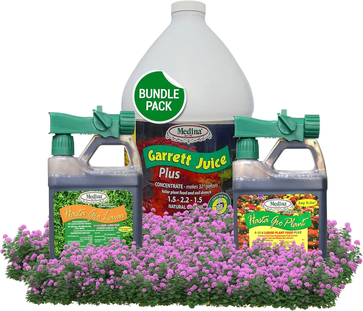 Medina Comprehensive Solutions for Lush Lawns & Vibrant Gardens Bundle, HastaGro 12-4-8 Liquid Lawn Food 1 Quart, Garrett Juice Plus Organic Foliar Solution 1 Gal, & HastaGro Plant Food Hose End Qt.