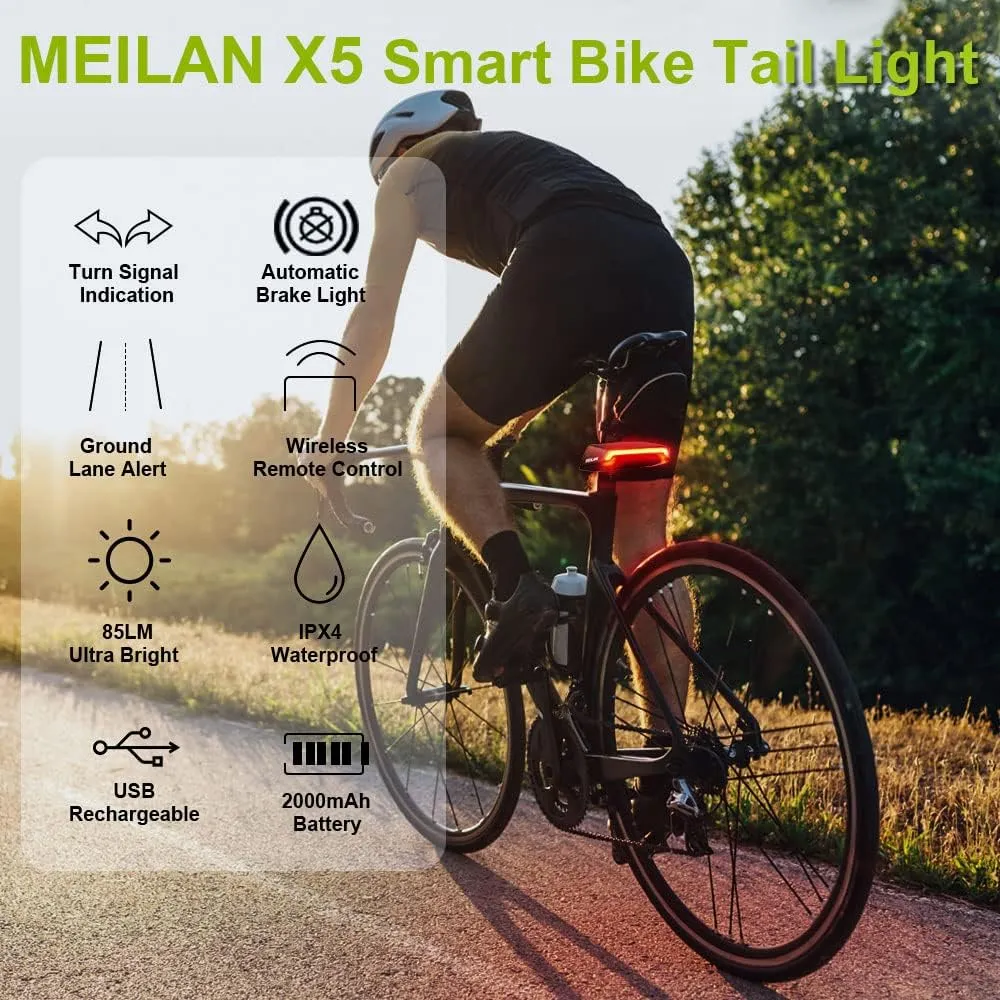 MEILAN X5 Smart Bike Tail Light with Turn Signals and Automatic Brake Light Wireless Remote Control Bike Rear Light Back USB Rechargeable Safety Warning Cycling Light Fits on Any Road Bicycle