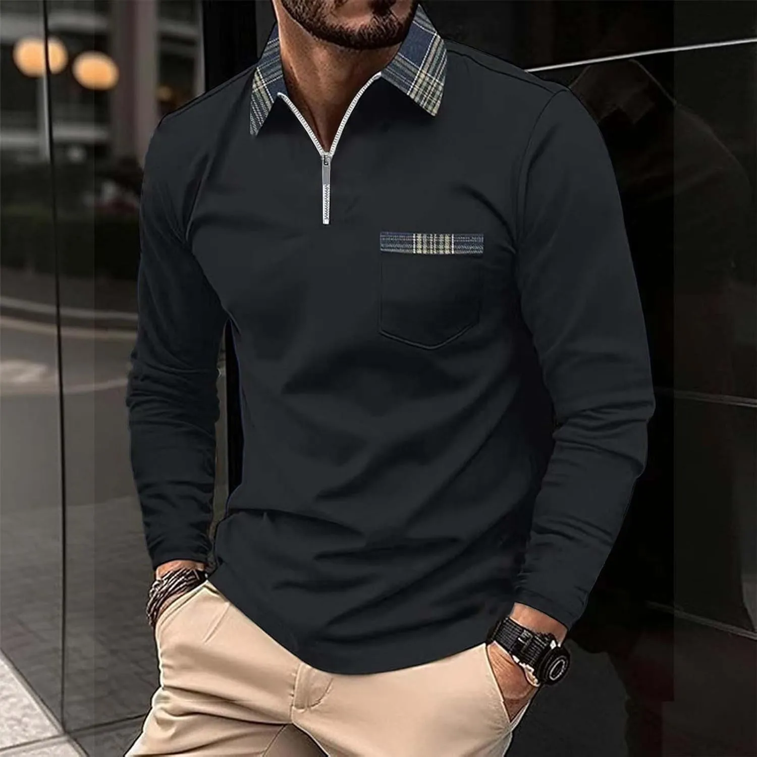 Men's Casual Polo Shirts Classic Long Sleeve Men's Autumn Cotton Corduroy Men's Business SpotShield Stain Resistant