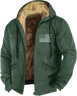 Men's Western Vintage Print Sherpa Fleece Lined Jackets Winter Warm Cozy Outerwear Quilted Down Varsity Coat Hooded