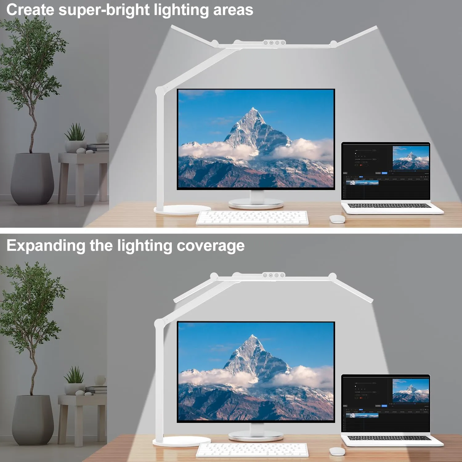 Micomlan Led Desk Lamp with Atmosphere Lighting, Rotatable Tall Architect Desk Lamp for Home Office with Swing Arm, 24W Bright Auto Dimming Adjustable Computer Light with Base for Table