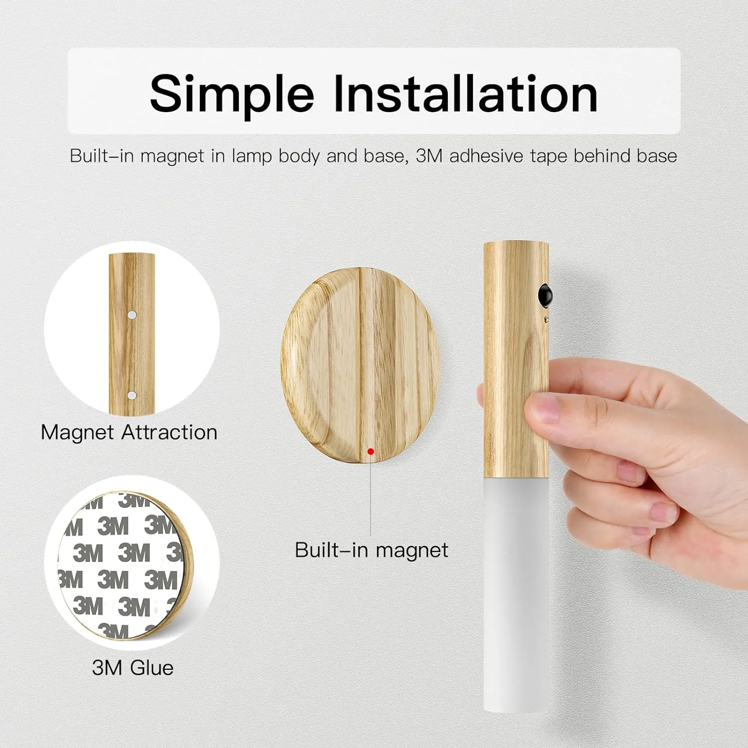 Miebul Motion Sensor Night Light, Rechargeable Body Sensor Night Light Indoor, Magnetic Wooden LED Wall Sconce for Bedroom Corridor Staircase Cabinet, White Ash Wood
