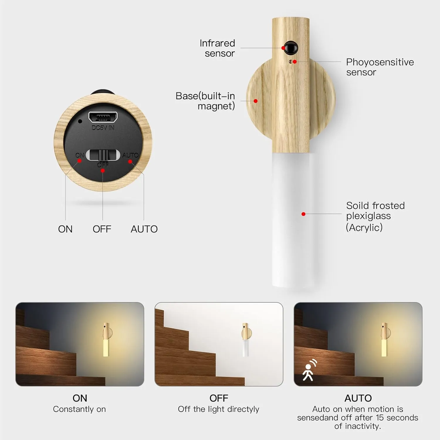 Miebul Motion Sensor Night Light, Rechargeable Body Sensor Night Light Indoor, Magnetic Wooden LED Wall Sconce for Bedroom Corridor Staircase Cabinet, White Ash Wood