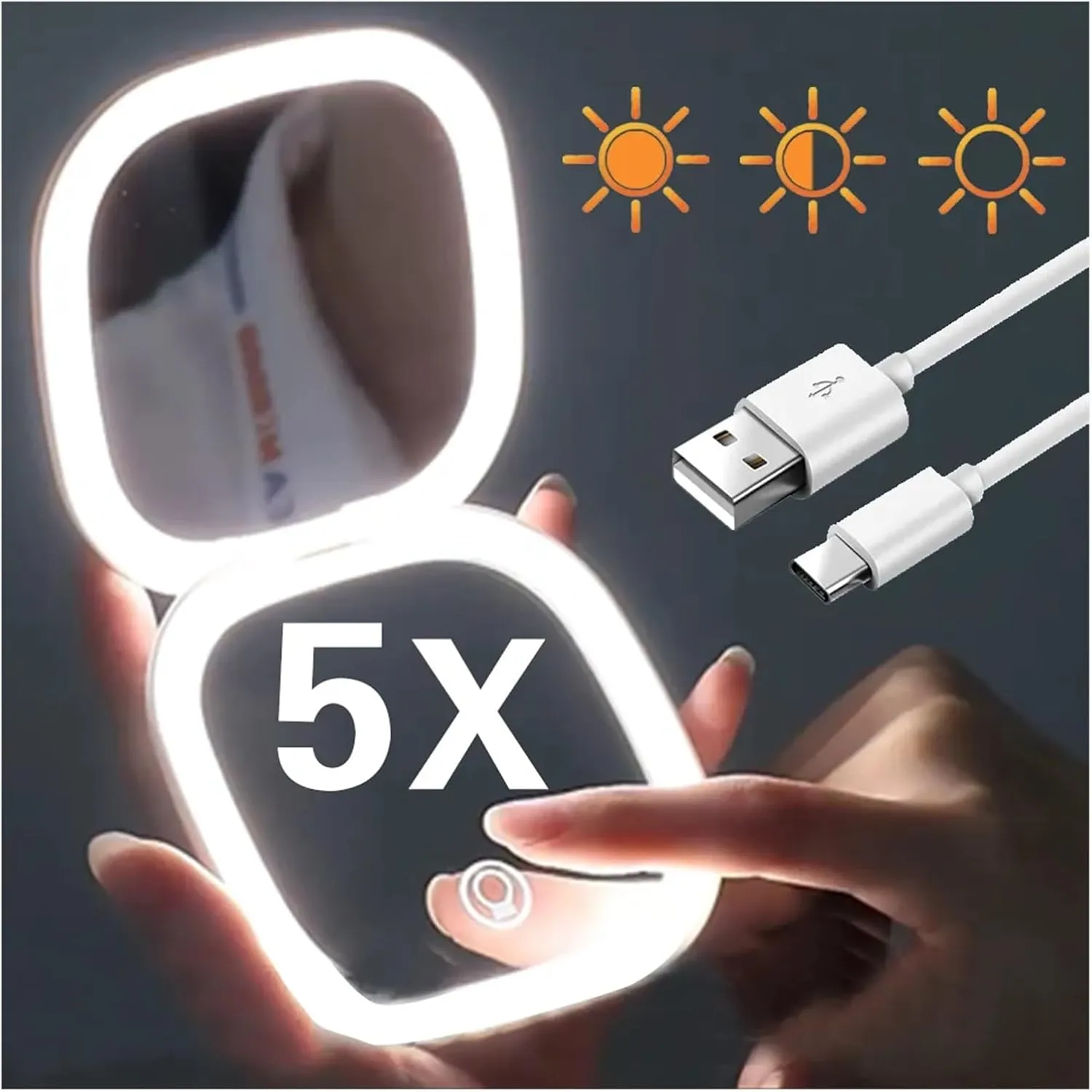 Mini Compact Led Makeup Mirror with Light 5X Magnifying Small Pocket Portable Travel Pink Black Foldable Cosmetic Vanity Mirrors (Color : Big 5X Double lamp W)