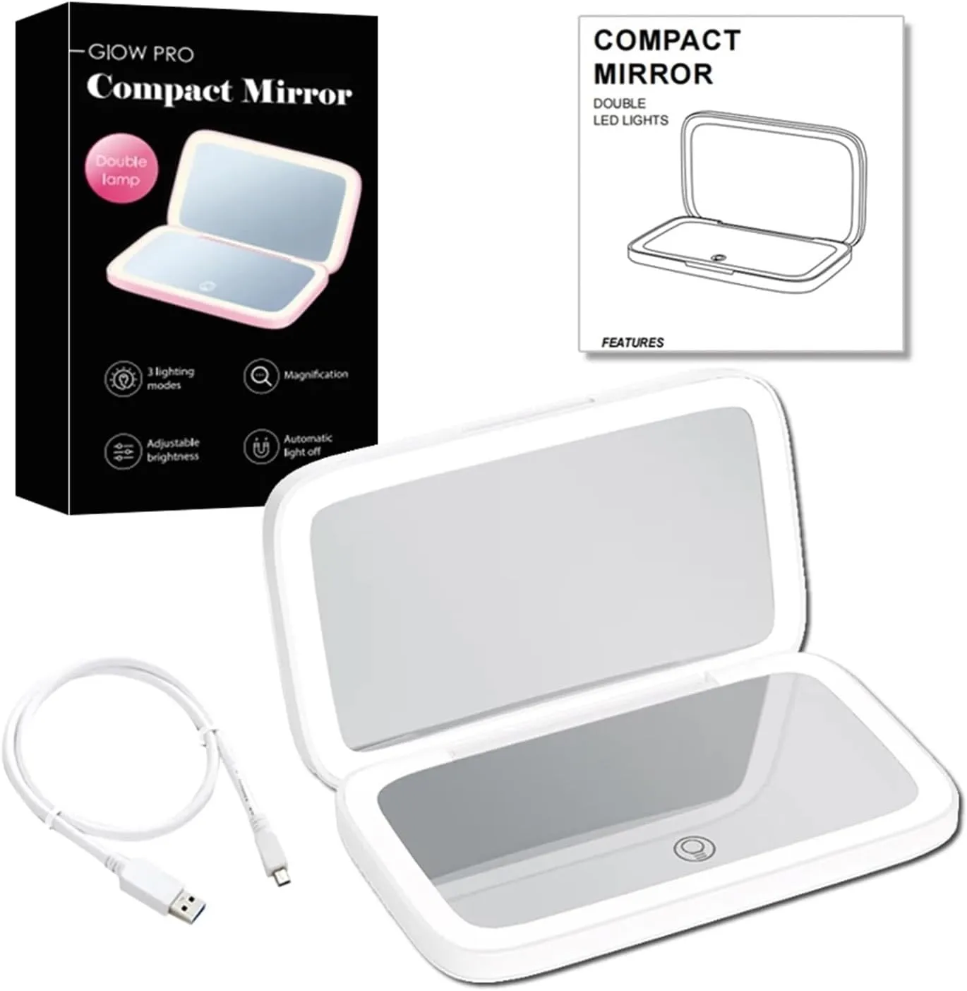 Mini Compact Led Makeup Mirror with Light 5X Magnifying Small Pocket Portable Travel Pink Black Foldable Cosmetic Vanity Mirrors (Color : Big 5X Double lamp W)