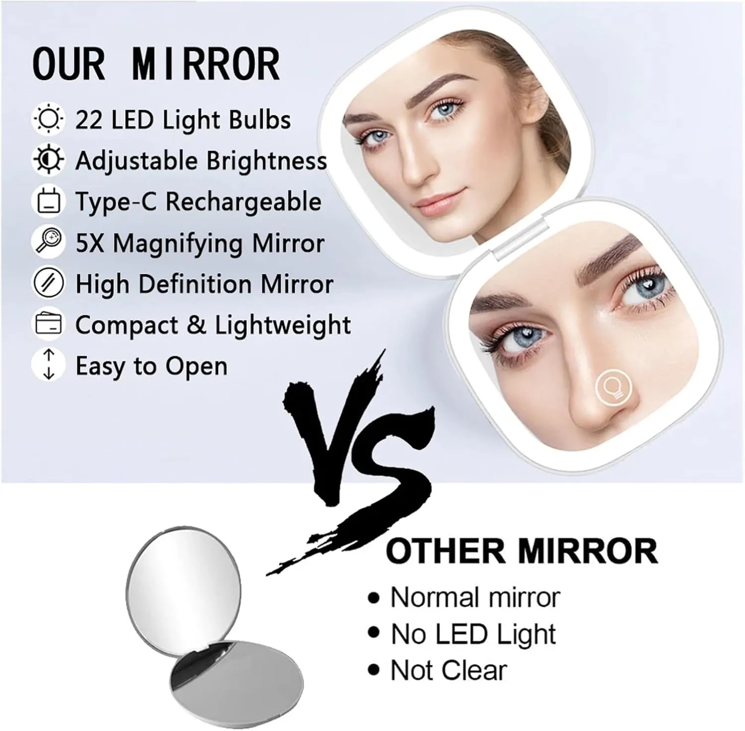 Mini Compact Led Makeup Mirror with Light 5X Magnifying Small Pocket Portable Travel Pink Black Foldable Cosmetic Vanity Mirrors (Color : Big 5X Double lamp W)