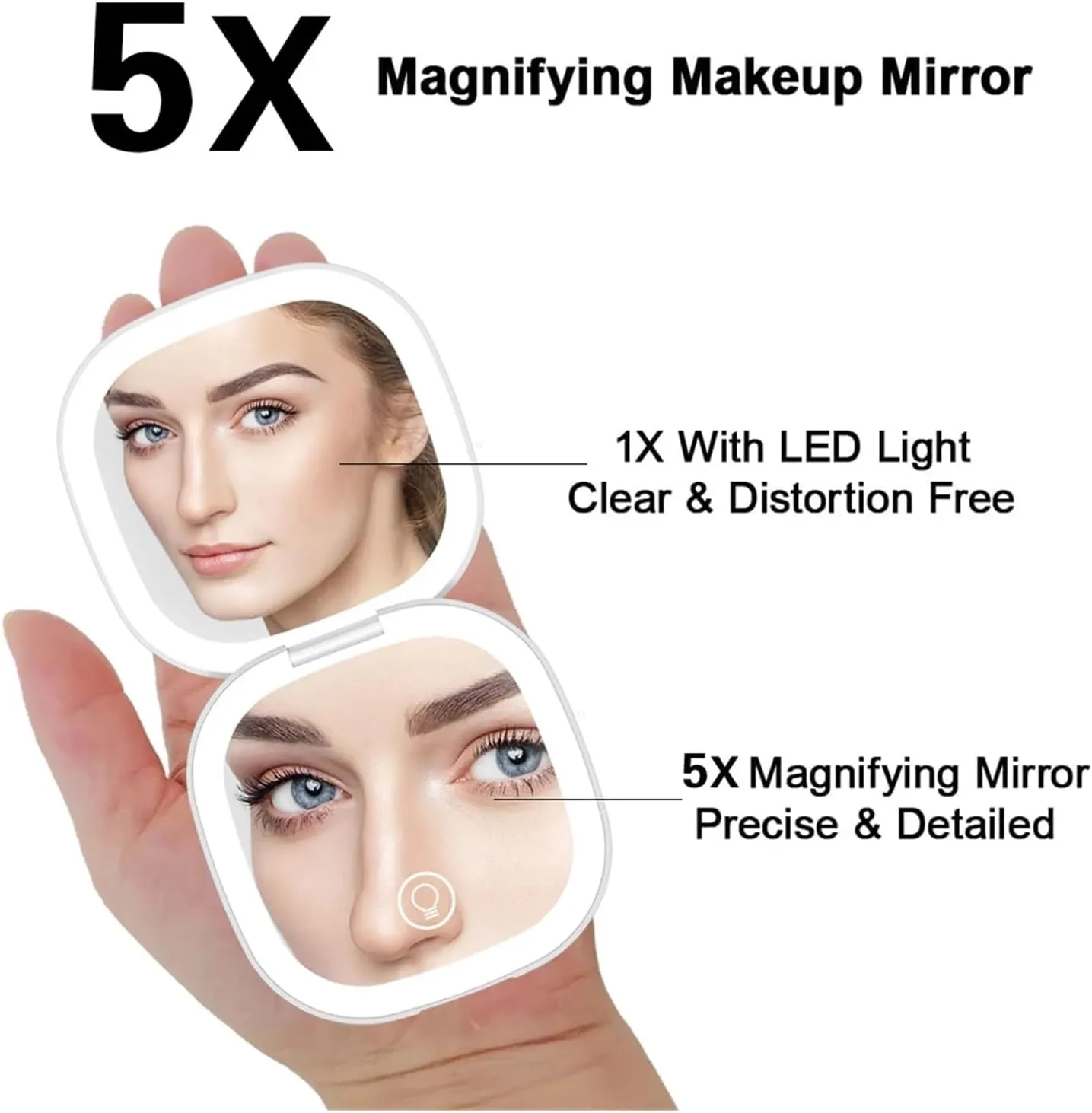 Mini Compact Led Makeup Mirror with Light 5X Magnifying Small Pocket Portable Travel Pink Black Foldable Cosmetic Vanity Mirrors (Color : Big 5X Double lamp W)