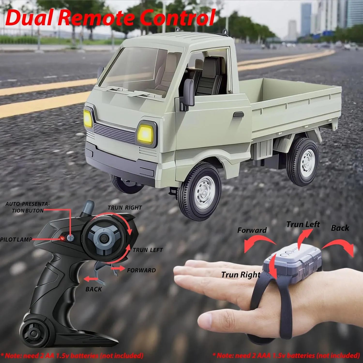 Mini RC Truck for 5-12 Years Old Boys, 1/16 Scale RWD 2.4G Gesture Sensing RC Car with Spray Light and Sound, Remote Control Music Truck for Kids Birthday Gifts (Green)