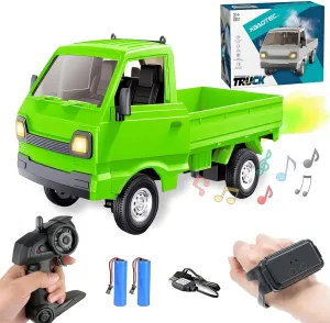 Mini RC Truck for 5-12 Years Old Boys, 1/16 Scale RWD 2.4G Gesture Sensing RC Car with Spray Light and Sound, Remote Control Music Truck for Kids Birthday Gifts (Green)