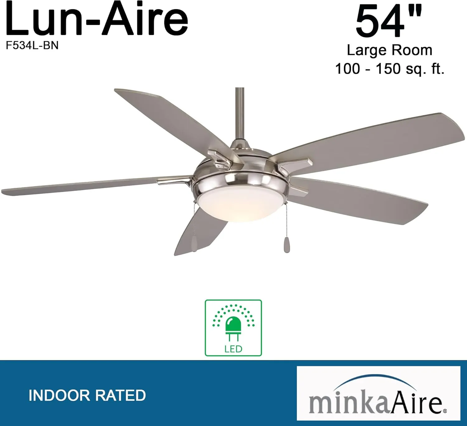 Minka-Aire F534L-BN Lun-Aire With Light 54 Inch Ceiling Fan with Integrated 17W LED Light in Brushed Nickel Finish