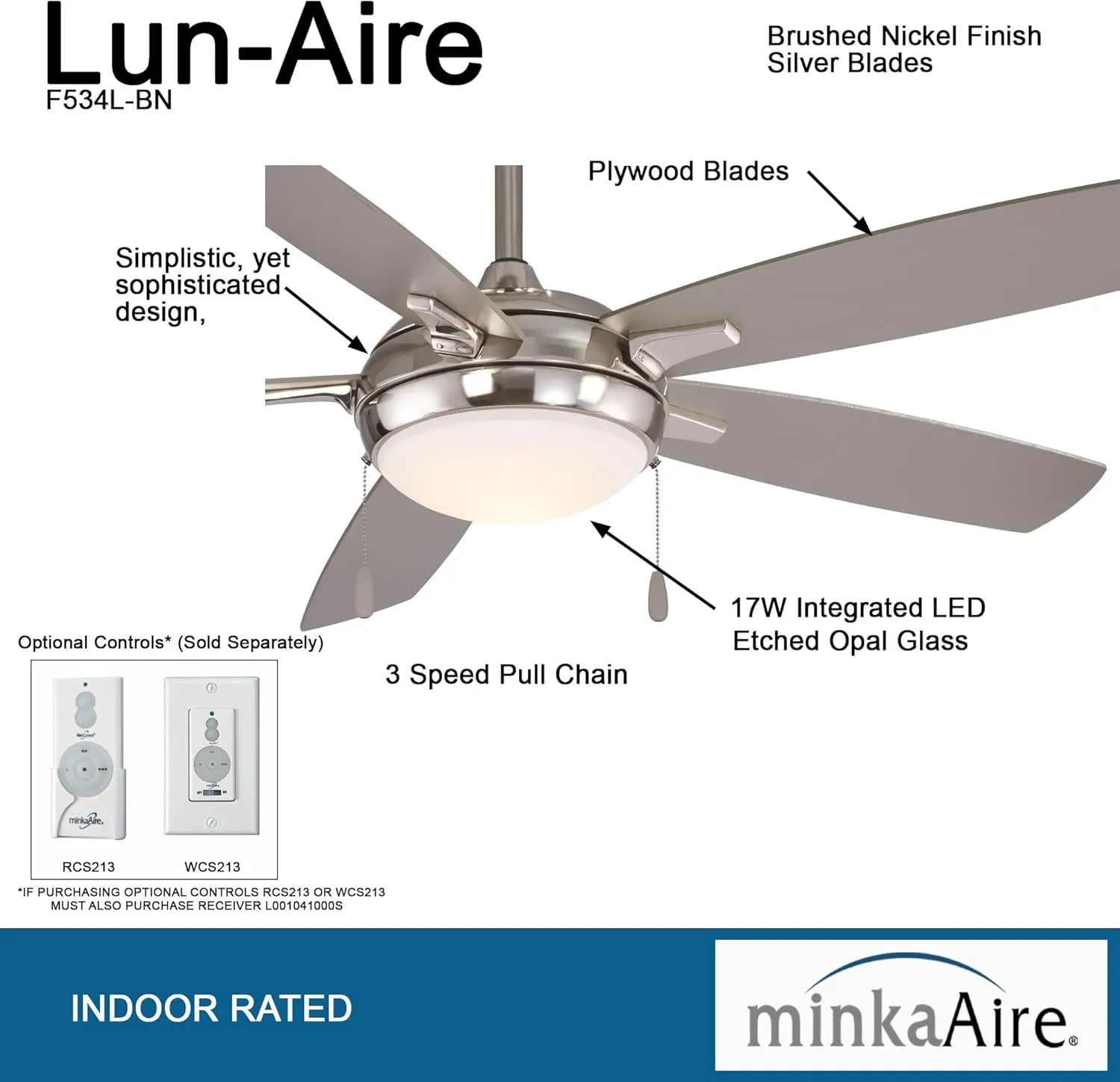 Minka-Aire F534L-BN Lun-Aire With Light 54 Inch Ceiling Fan with Integrated 17W LED Light in Brushed Nickel Finish