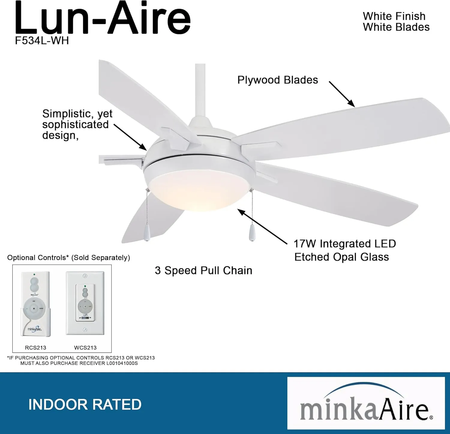 MINKA-AIRE F534L-WH Lun-Aire With Light 54 Inch Ceiling Fan with Integrated 17W LED Light in White Finish