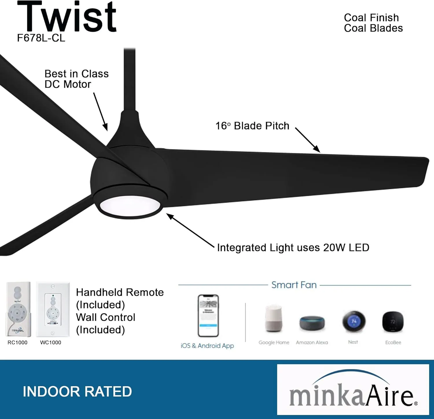 MINKA-AIRE F678L-CL Twist 52" Ceiling Fan with LED Lights and Remote Control, Coal, with Additional Wall Control