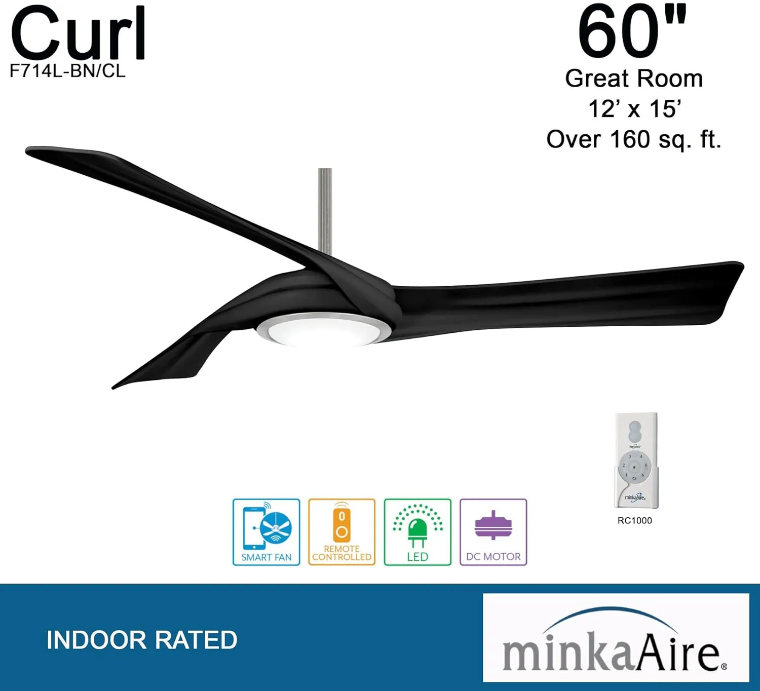 Minka-Aire F714L-BN/CL Curl 60" Ceiling Fan with LED Lights & Remote, Brushed Nickel/Coal