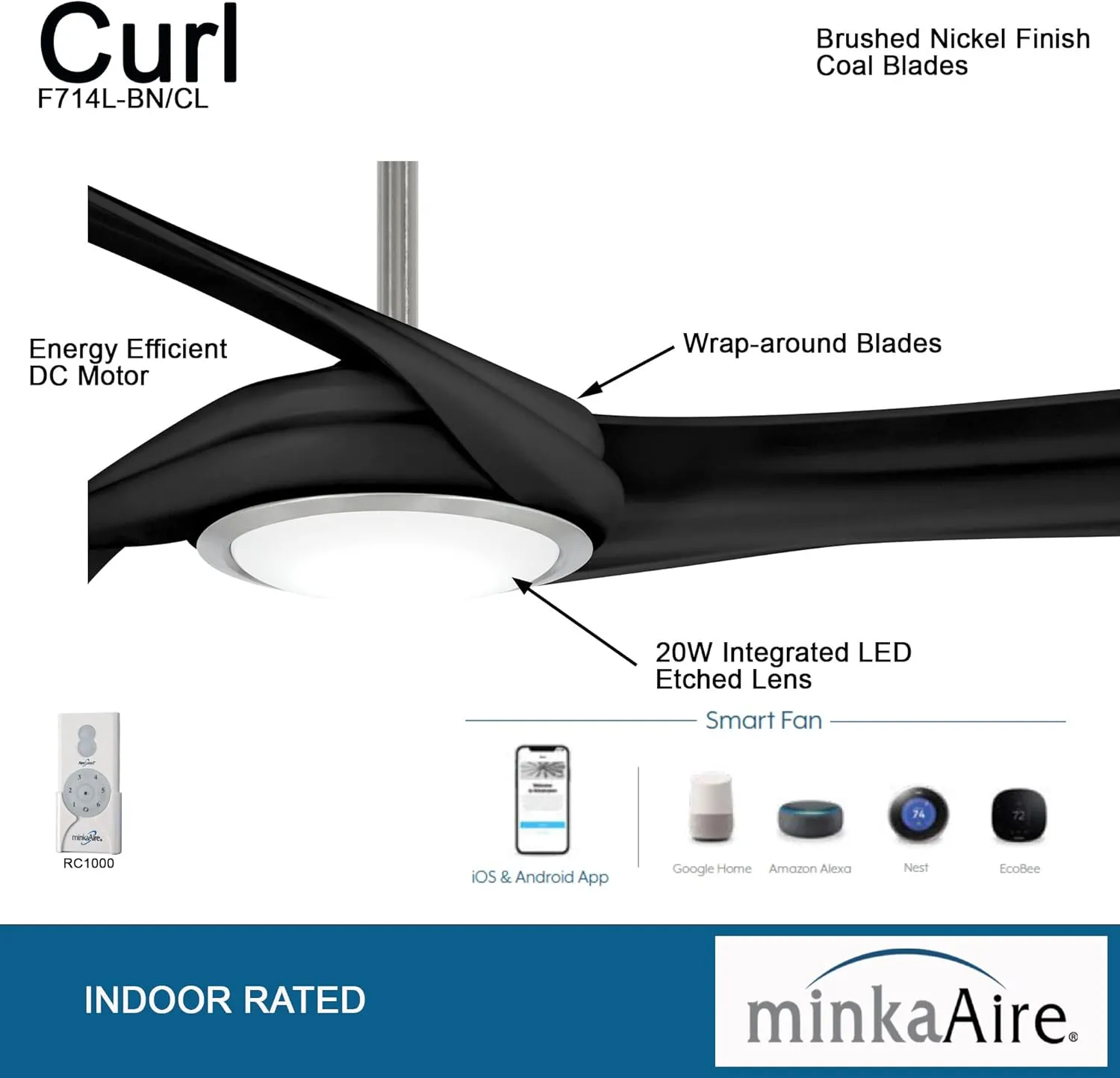 Minka-Aire F714L-BN/CL Curl 60" Ceiling Fan with LED Lights & Remote, Brushed Nickel/Coal