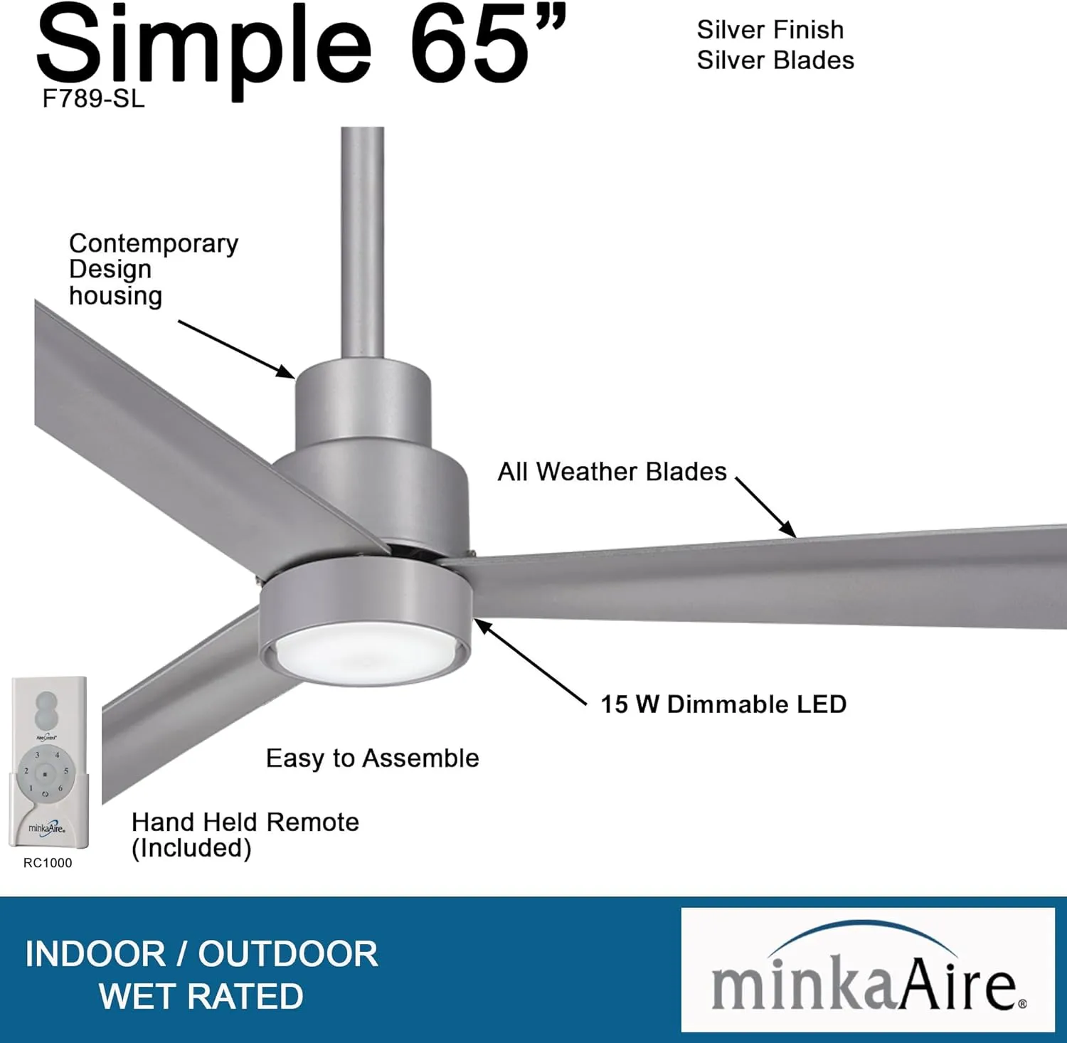 MINKA-AIRE F789-SL with LED Light Simple 65 Inch Outdoor 3 Blade Ceiling Fan with DC Motor in Silver Finish………