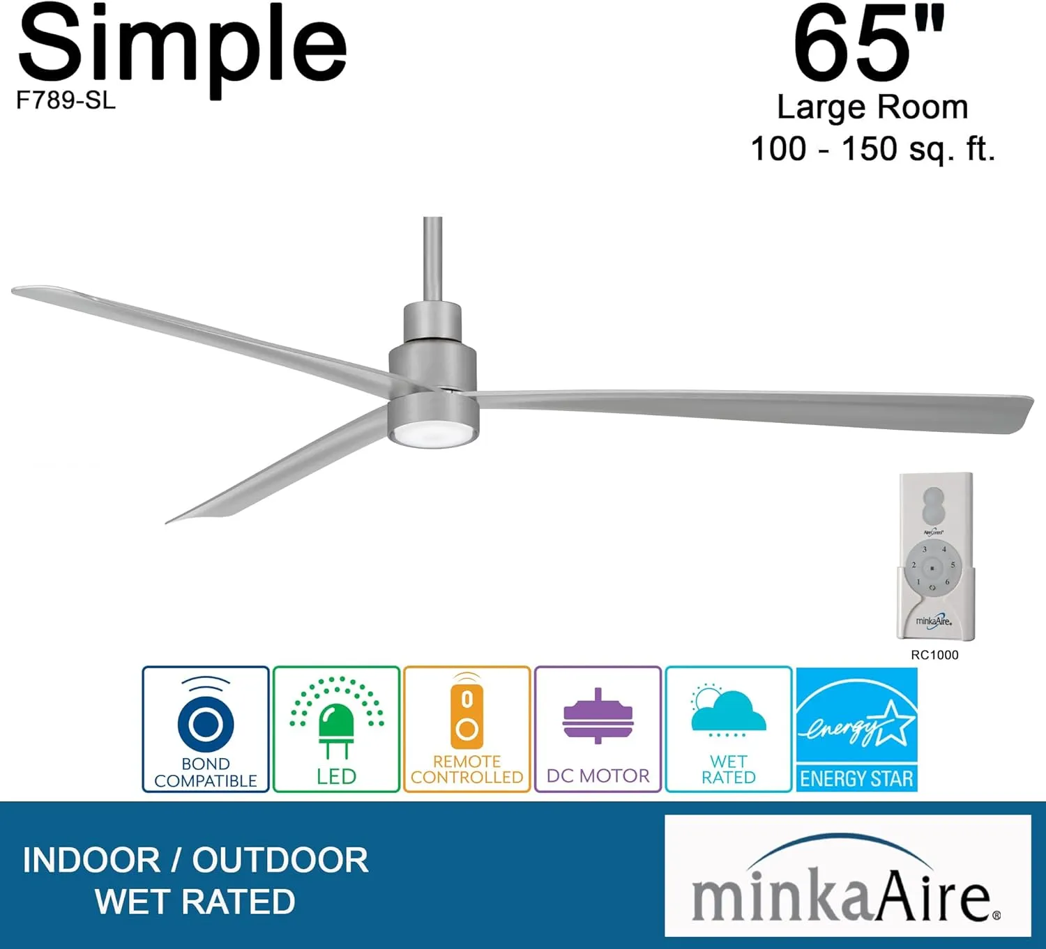 MINKA-AIRE F789-SL with LED Light Simple 65 Inch Outdoor 3 Blade Ceiling Fan with DC Motor in Silver Finish………