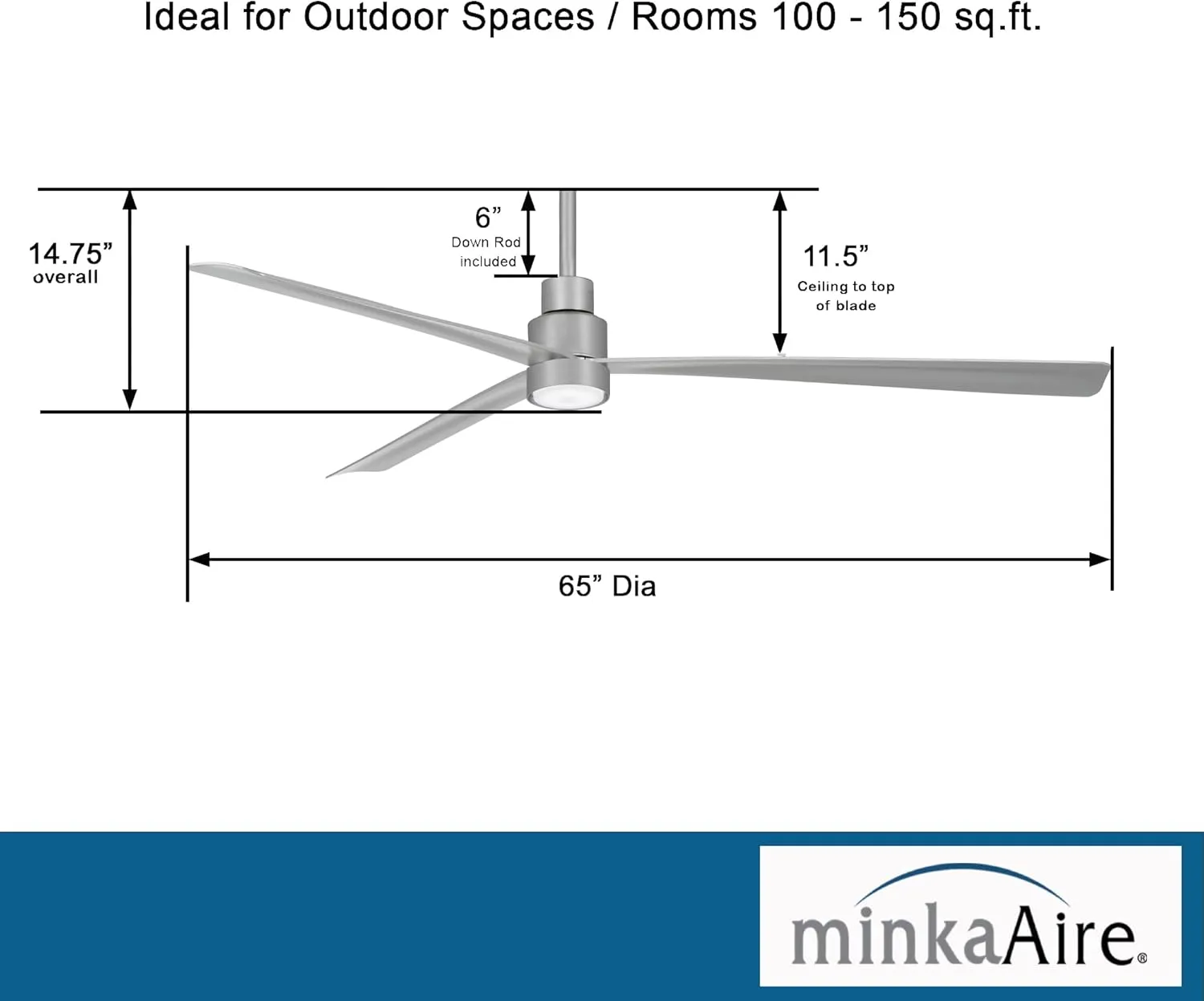 MINKA-AIRE F789-SL with LED Light Simple 65 Inch Outdoor 3 Blade Ceiling Fan with DC Motor in Silver Finish………