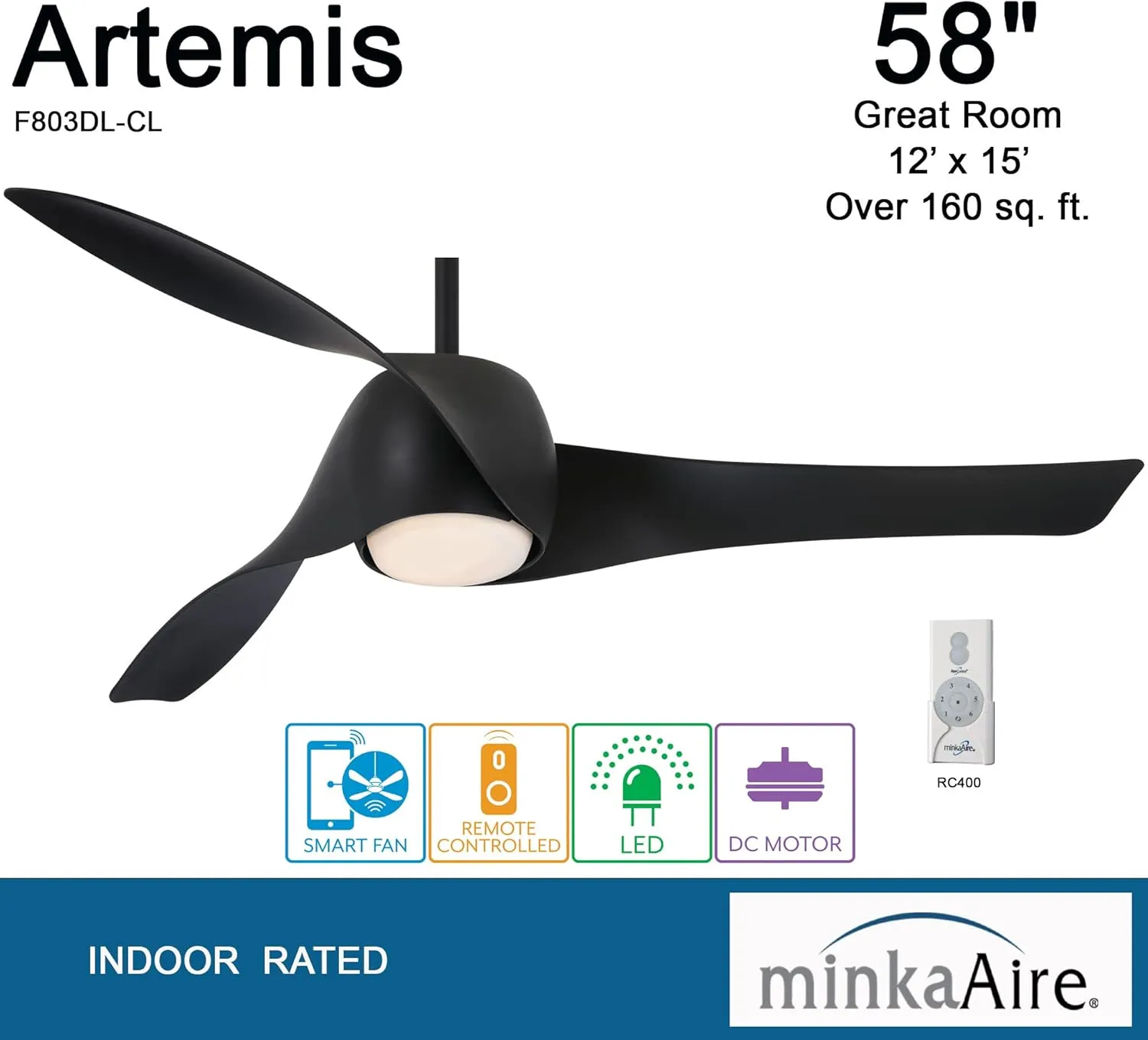 MINKA-AIRE F803DL-CL Artemis - 58 Inch Smart Ceiling Fan with LED Light Kit in Coal Finish with Etched Opal Glass