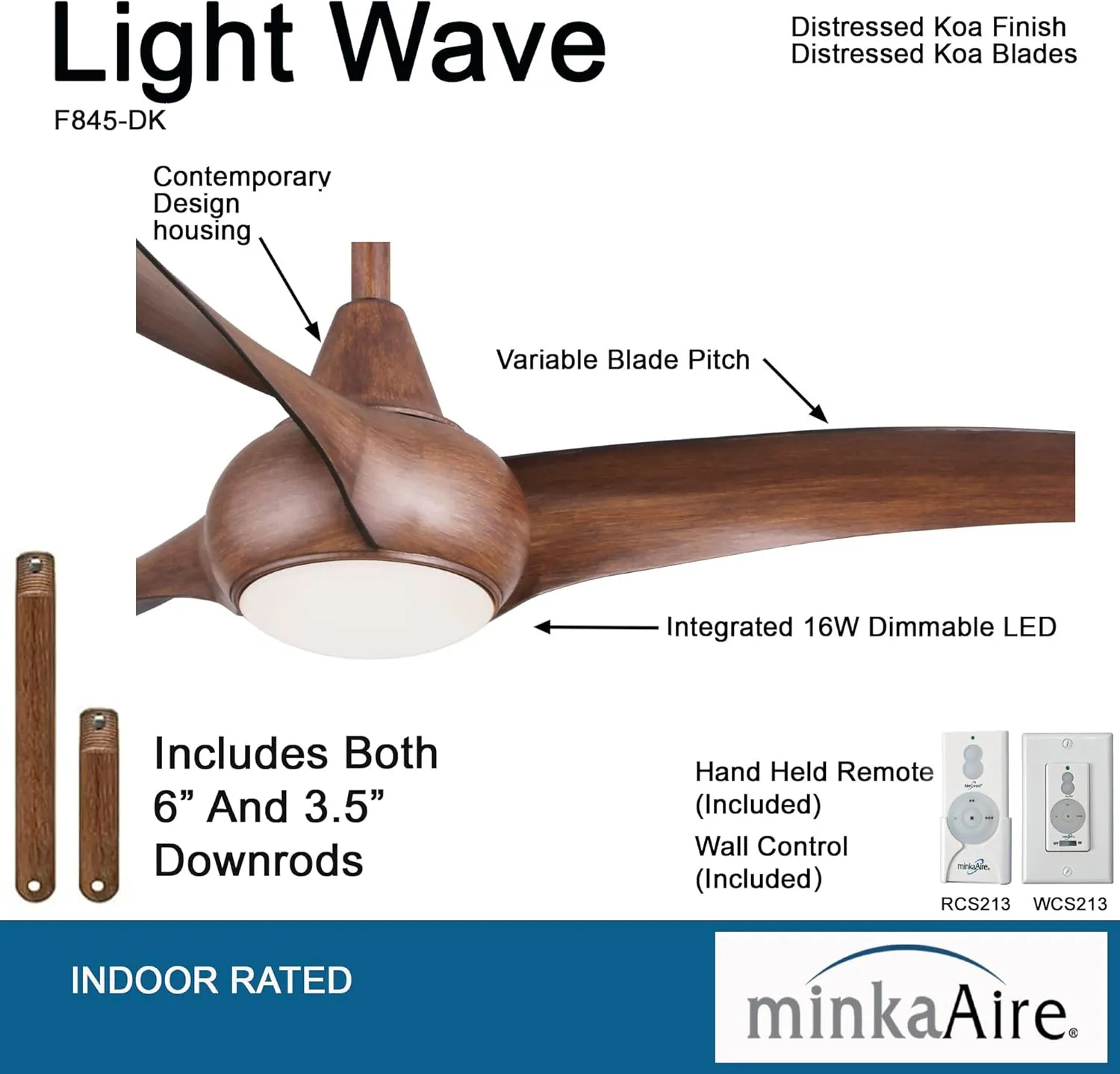 MINKA-AIRE F845-DK Light Wave 44" Low Profile Ceiling Fan in Distressed Koa Finish Includes Remote, Wall Control and 3.5 Inch Downrod.