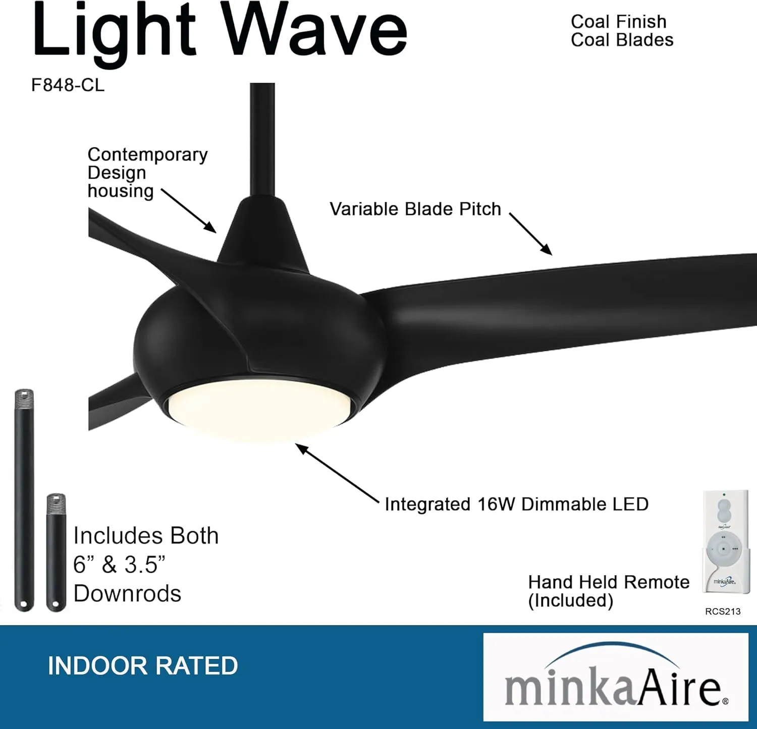 MINKA-AIRE F848-CL Light Wave LED 65" Black Low Profile Ceiling Fan with Light, Remote Control and 3.5 Inch Downrod