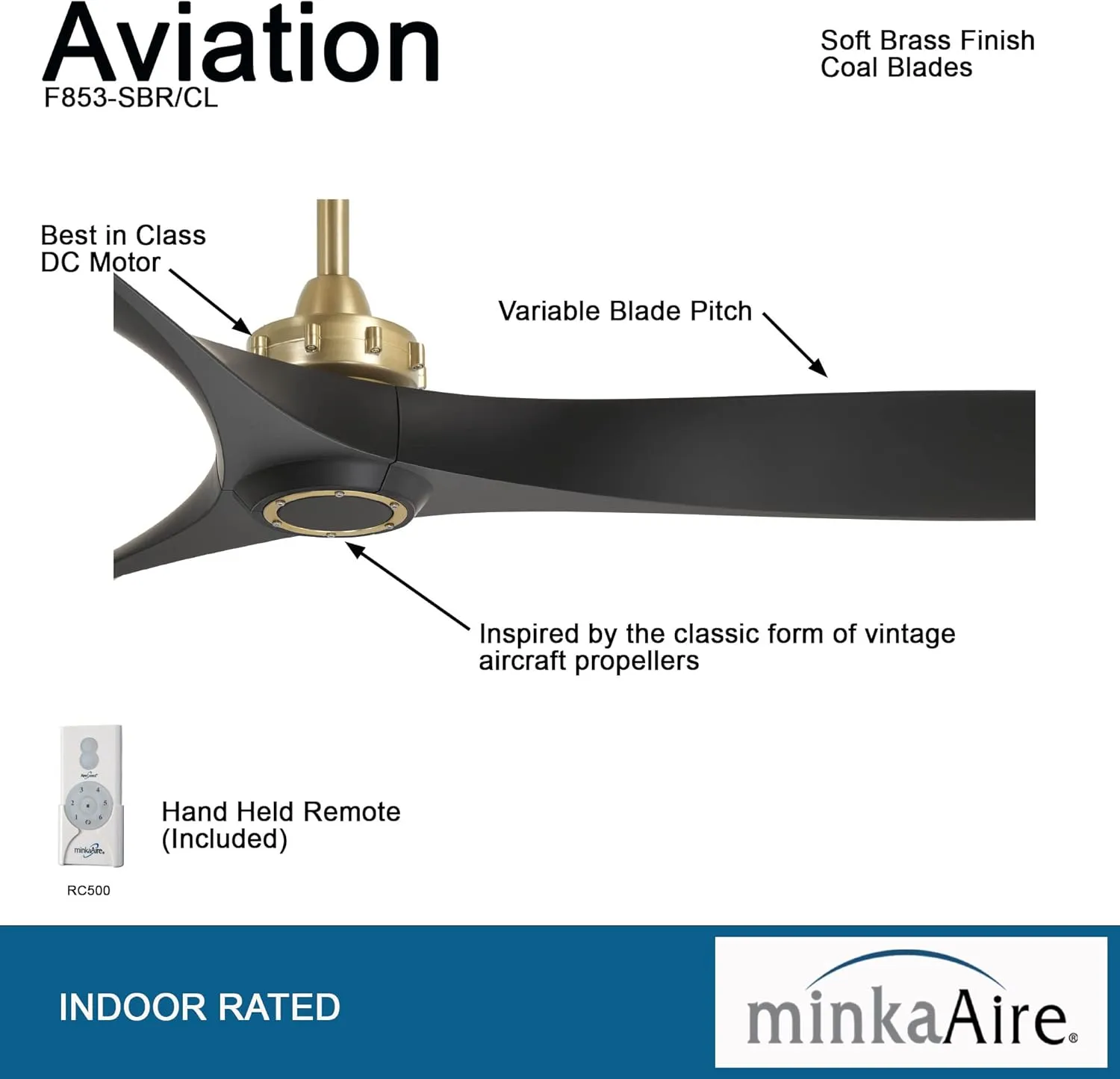 MINKA-AIRE F853-SBR/CL Aviation 60 Inch Ceiling Fan with DC Motor in Soft Brass Finish and Coal Blades