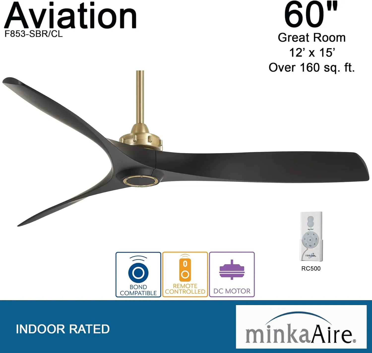 MINKA-AIRE F853-SBR/CL Aviation 60 Inch Ceiling Fan with DC Motor in Soft Brass Finish and Coal Blades